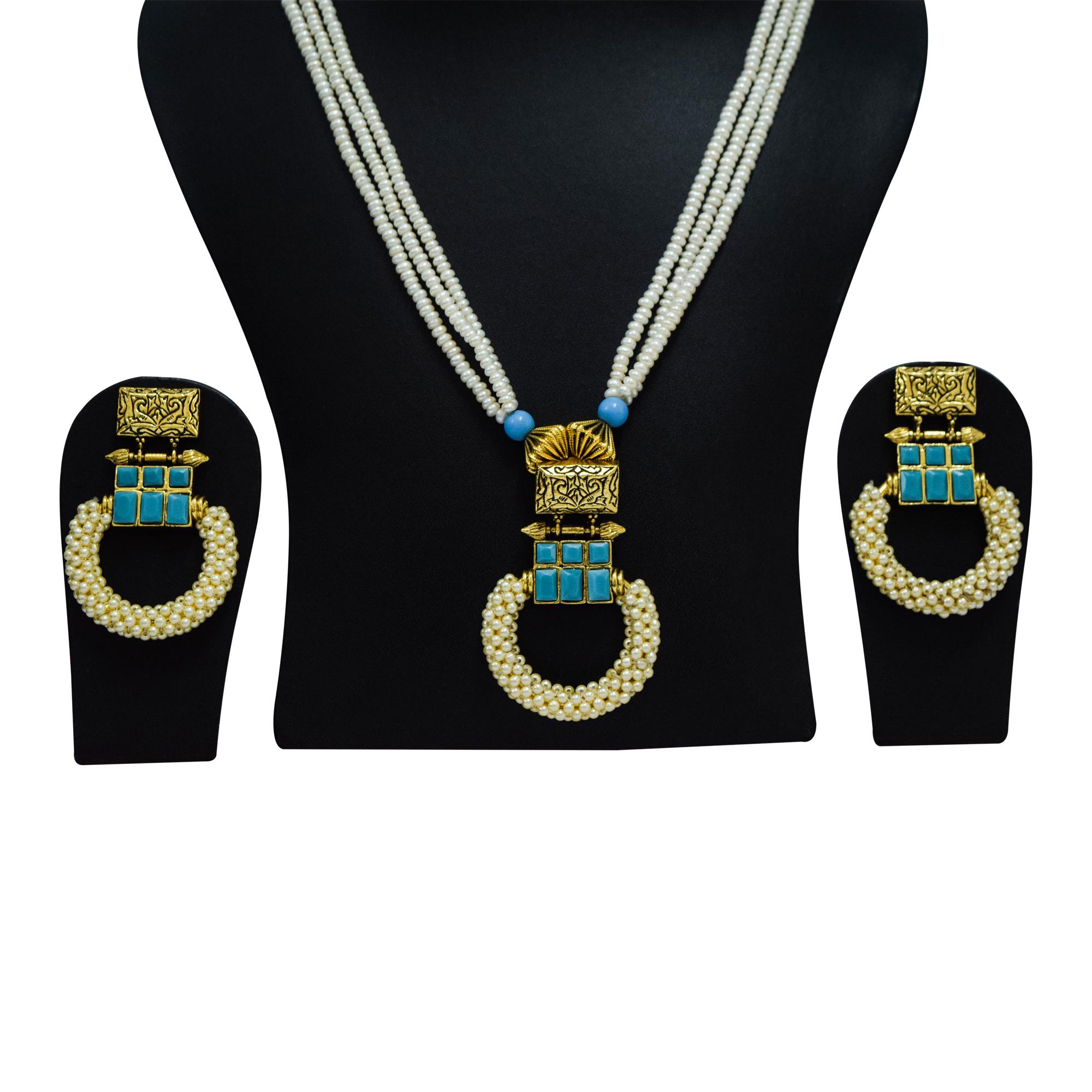 Traditional Polki Set in 3 Lines of Small Half Round Pearls - close up