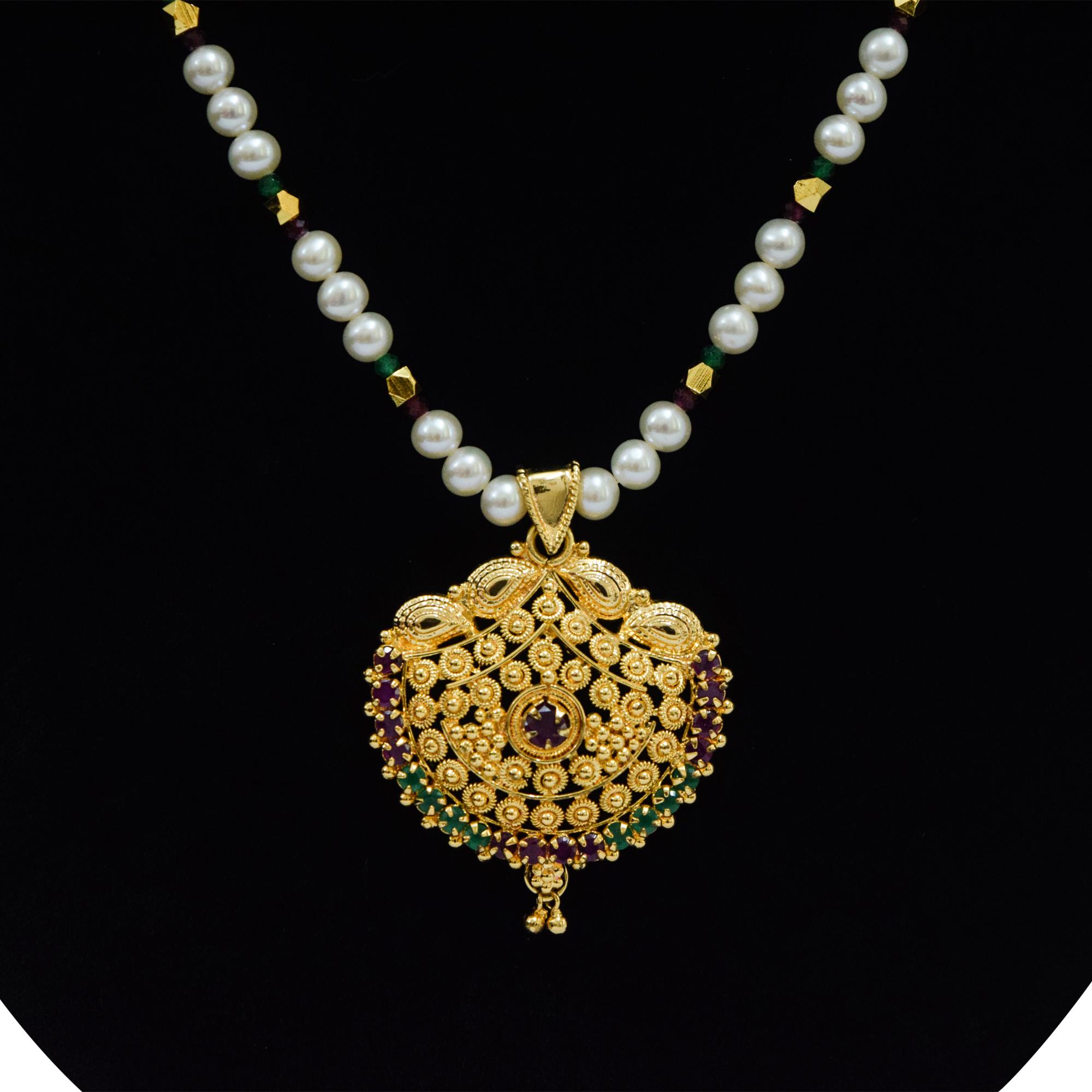 Traditional Pearl Necklace Set with Ruby and Emerald Stones - close up