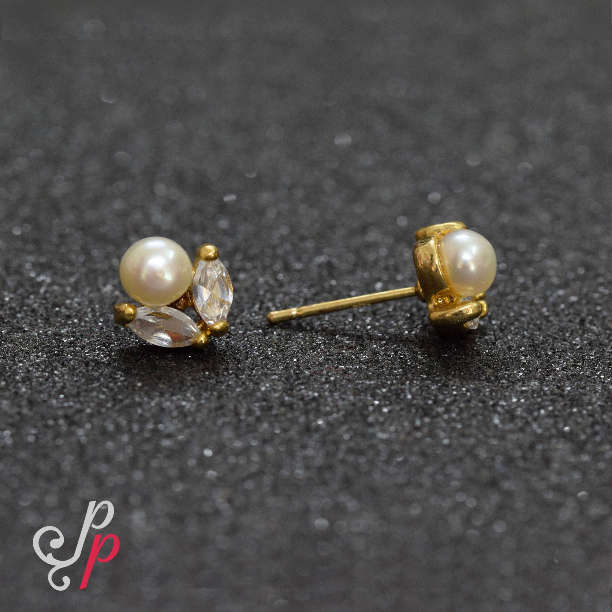 Cute Pearl Studs in leaf like Zircon Stones
