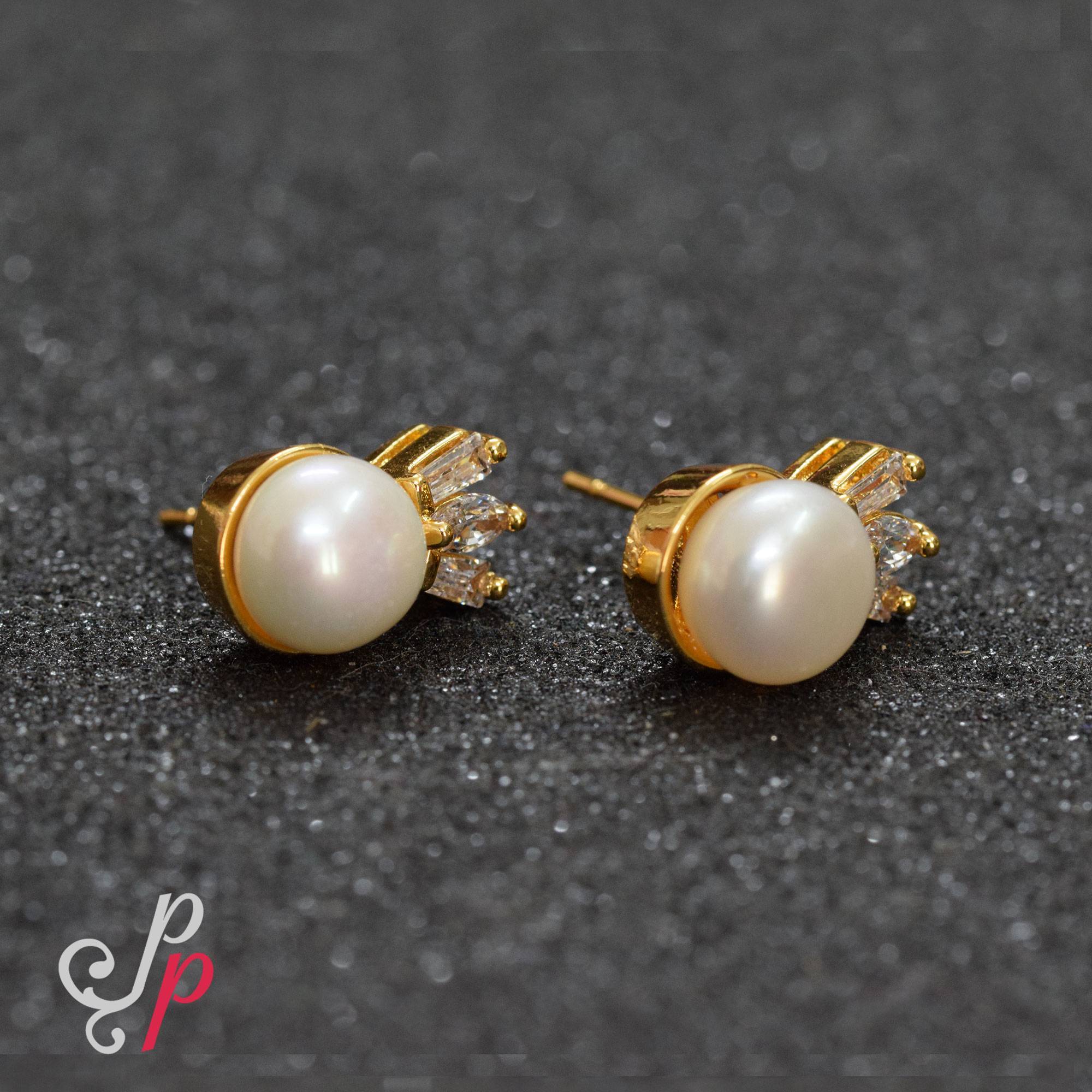 Pearl Studs in Golden Colour Korean Metal and Zircons