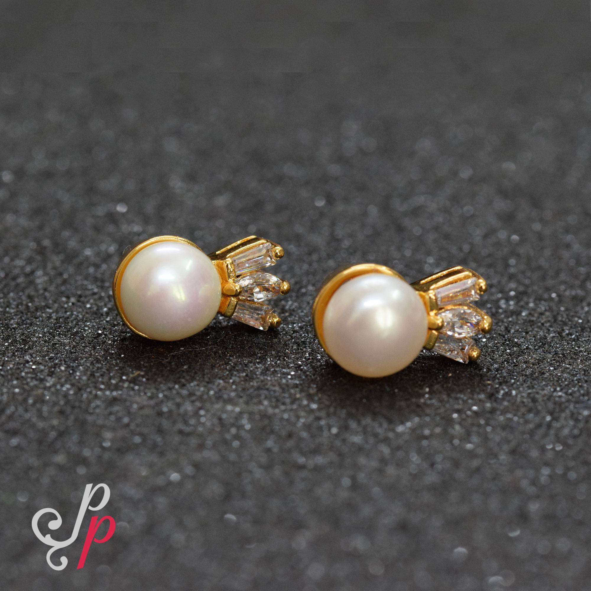 Pearl Studs in Golden Colour Korean Metal and Zircons