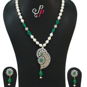 Stylish pearl necklace set in green kemp stones