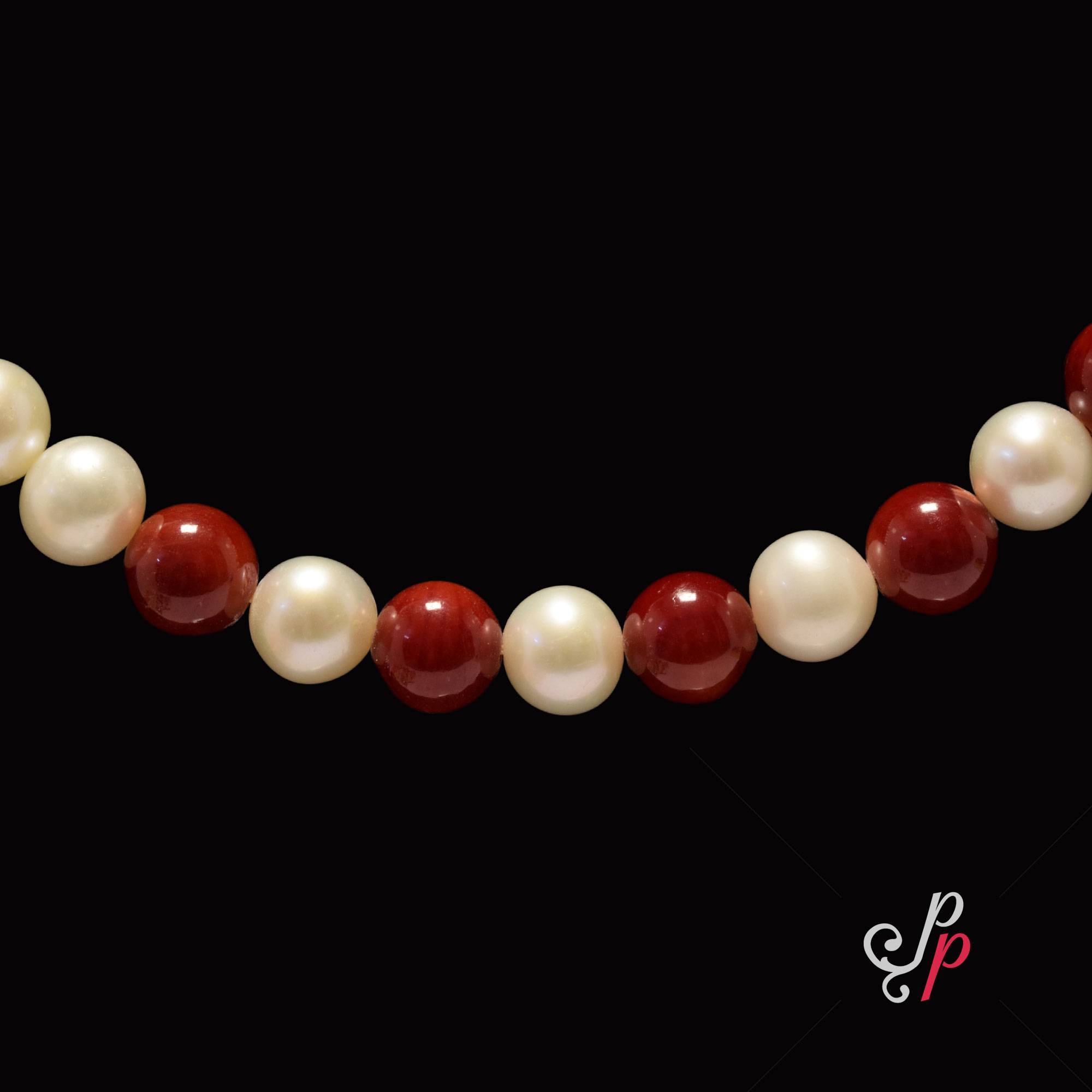 Simple Necklace Set with Corals and 8mm Round White Pearls