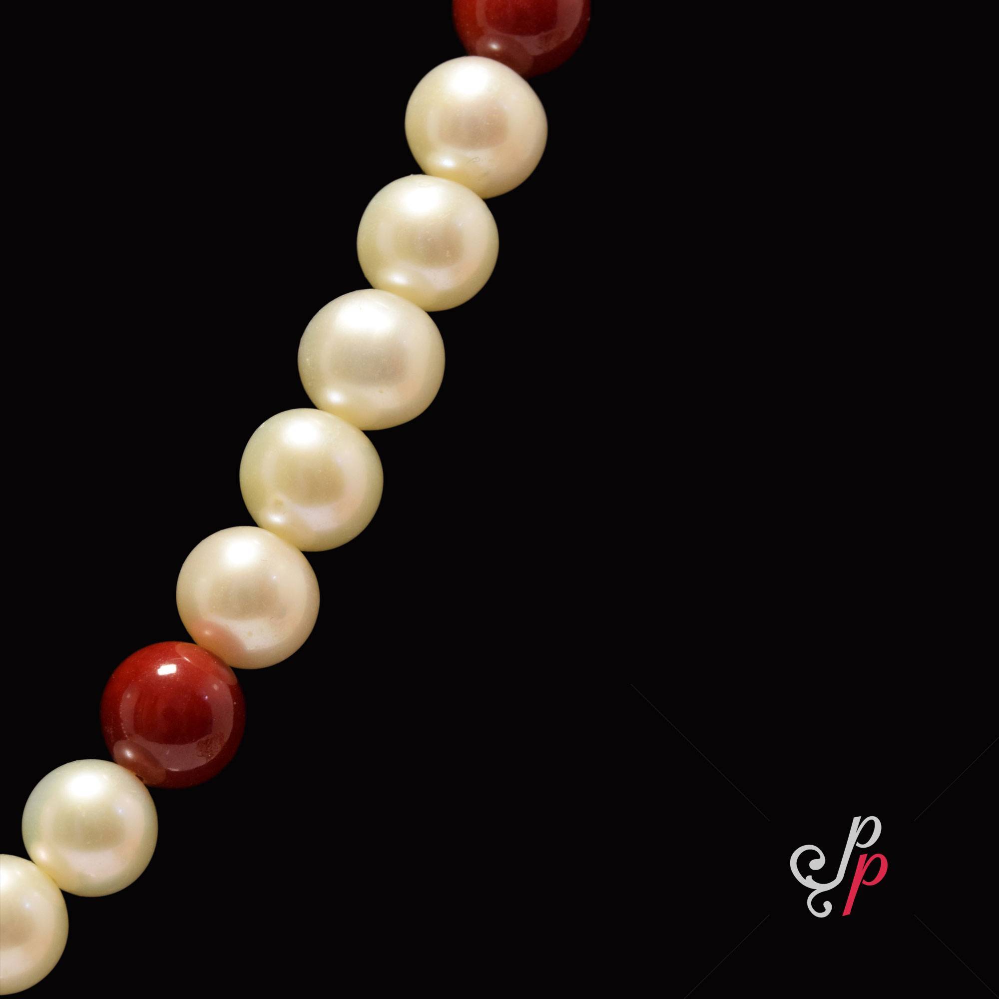Simple Necklace Set with Corals and 8mm Round White Pearls