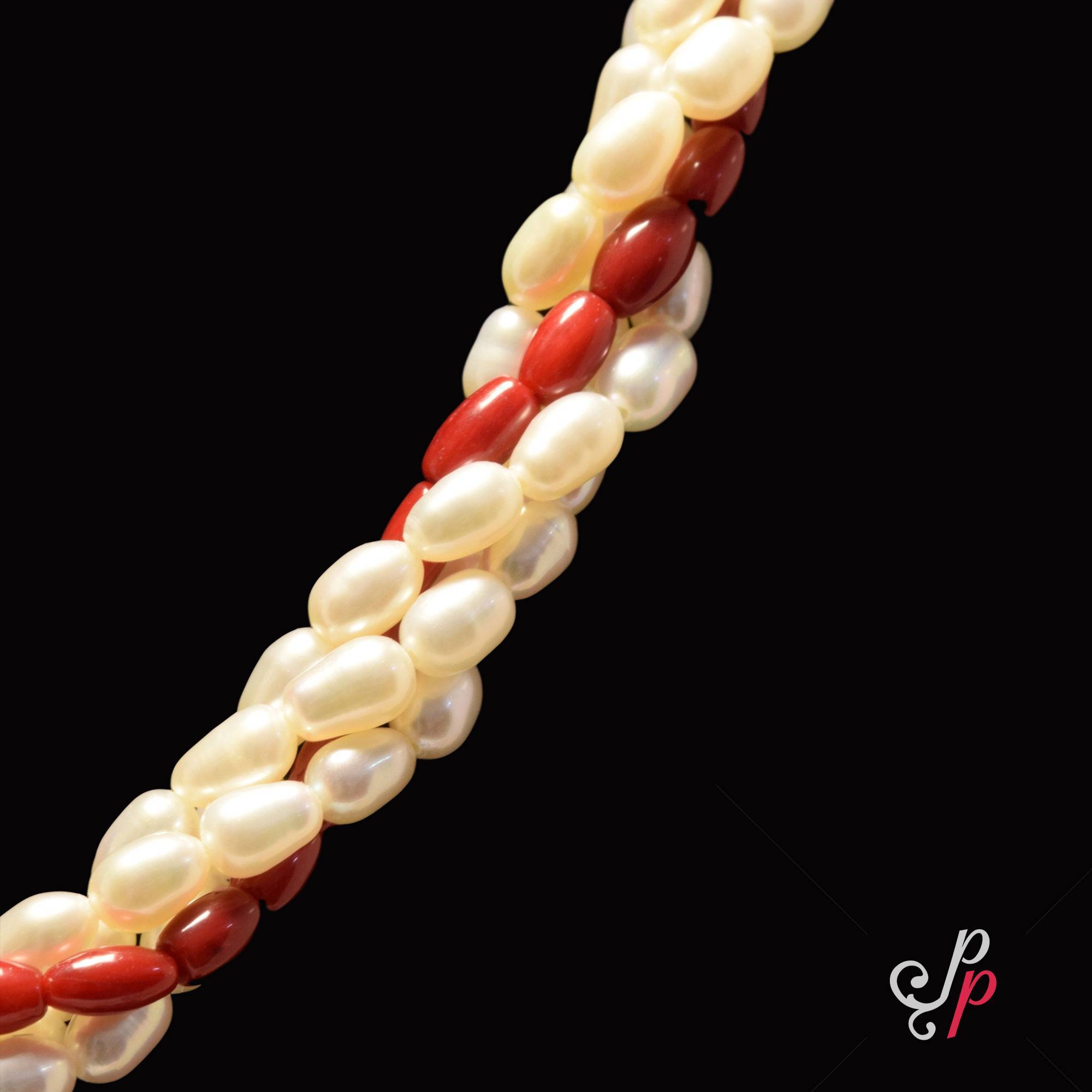 Stylish Pearl Necklace in White Oval Pearls and Corals