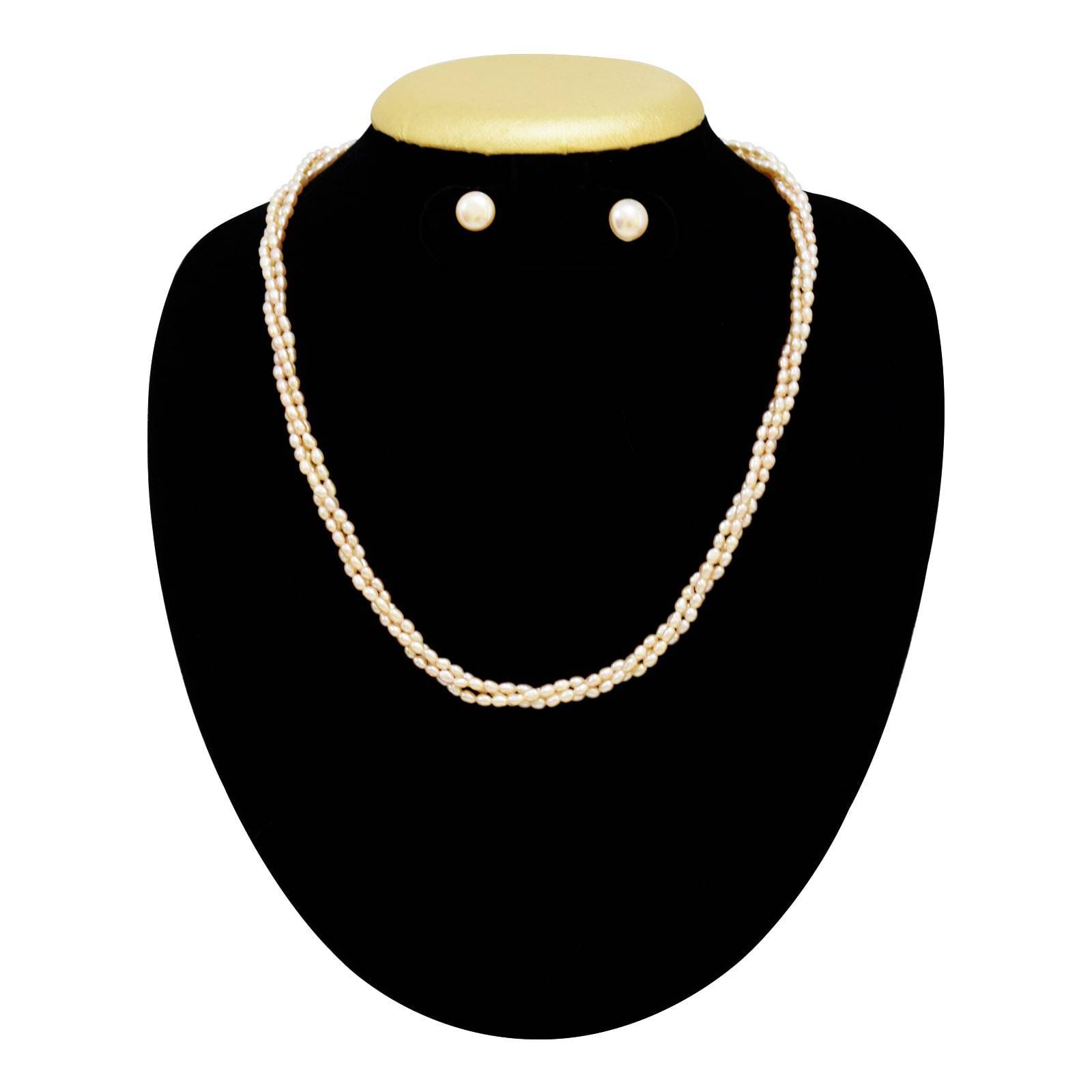 3 Lines Bright Pink Pearl Necklace Set