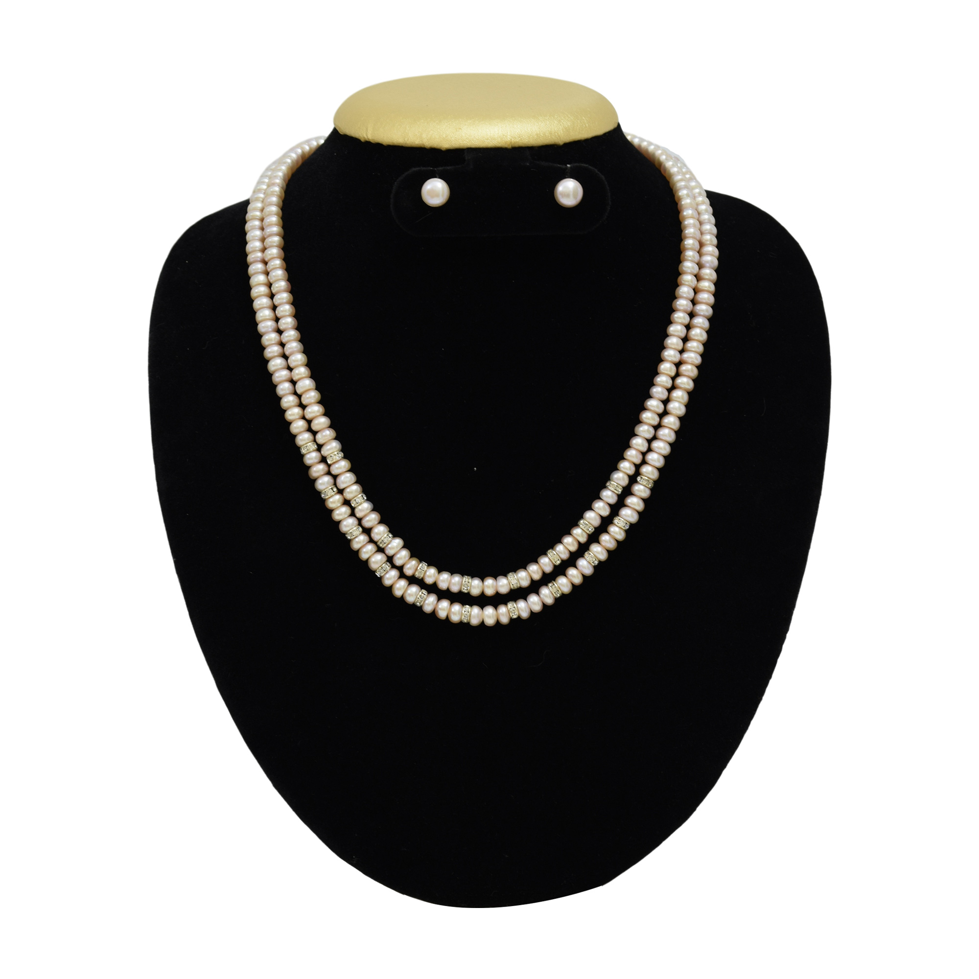 2 Lines Pearl Necklace Set in Half Round Dark Pink Pearls
