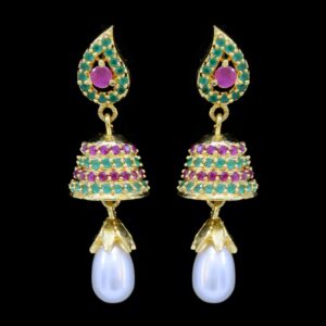 Beautiful Pearl Jhumkas in Rubies, Emeralds and American Diamonds - Style 2