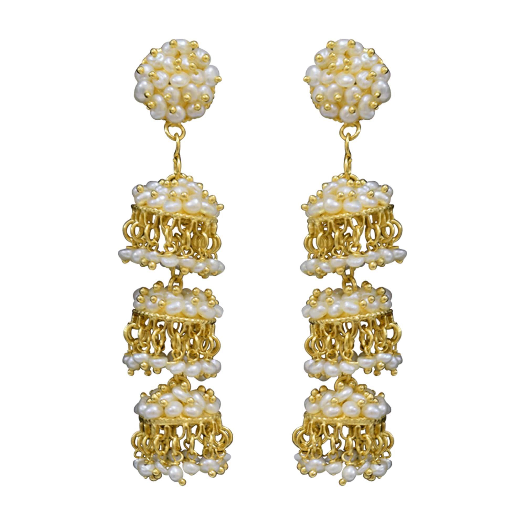 Triple decked seed pearl jhumkas