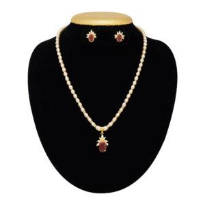 Beautiful Pink Pearl Necklace Set in Oval Pearls and Ruby Pendant