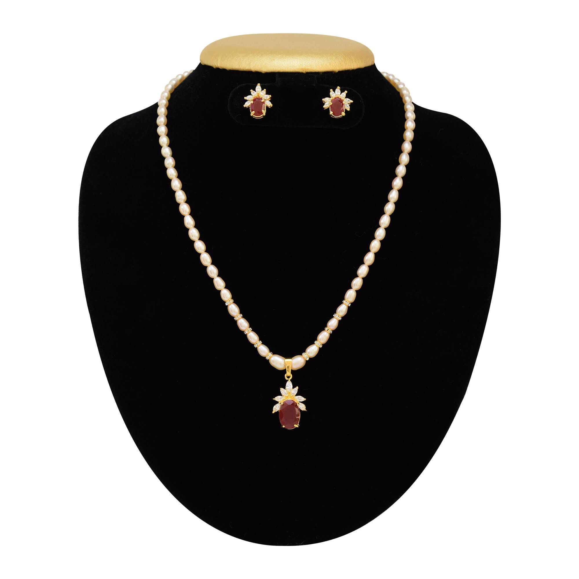 Beautiful Pink Pearl Necklace Set in Oval Pearls and Ruby Pendant