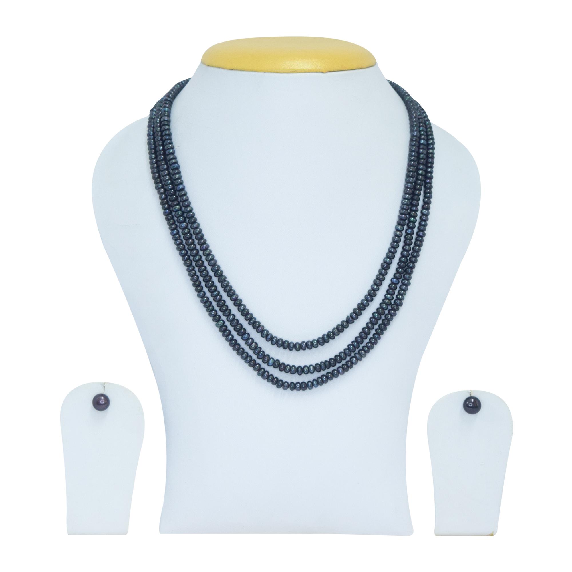 Breathtaking triple-layer 20 inches black 4mm semi-round pearl necklace with a blue tinge