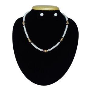 Well-designed single-layer semi-round white pearl necklace with enamelled meenakari beads & CZ ruby crystals