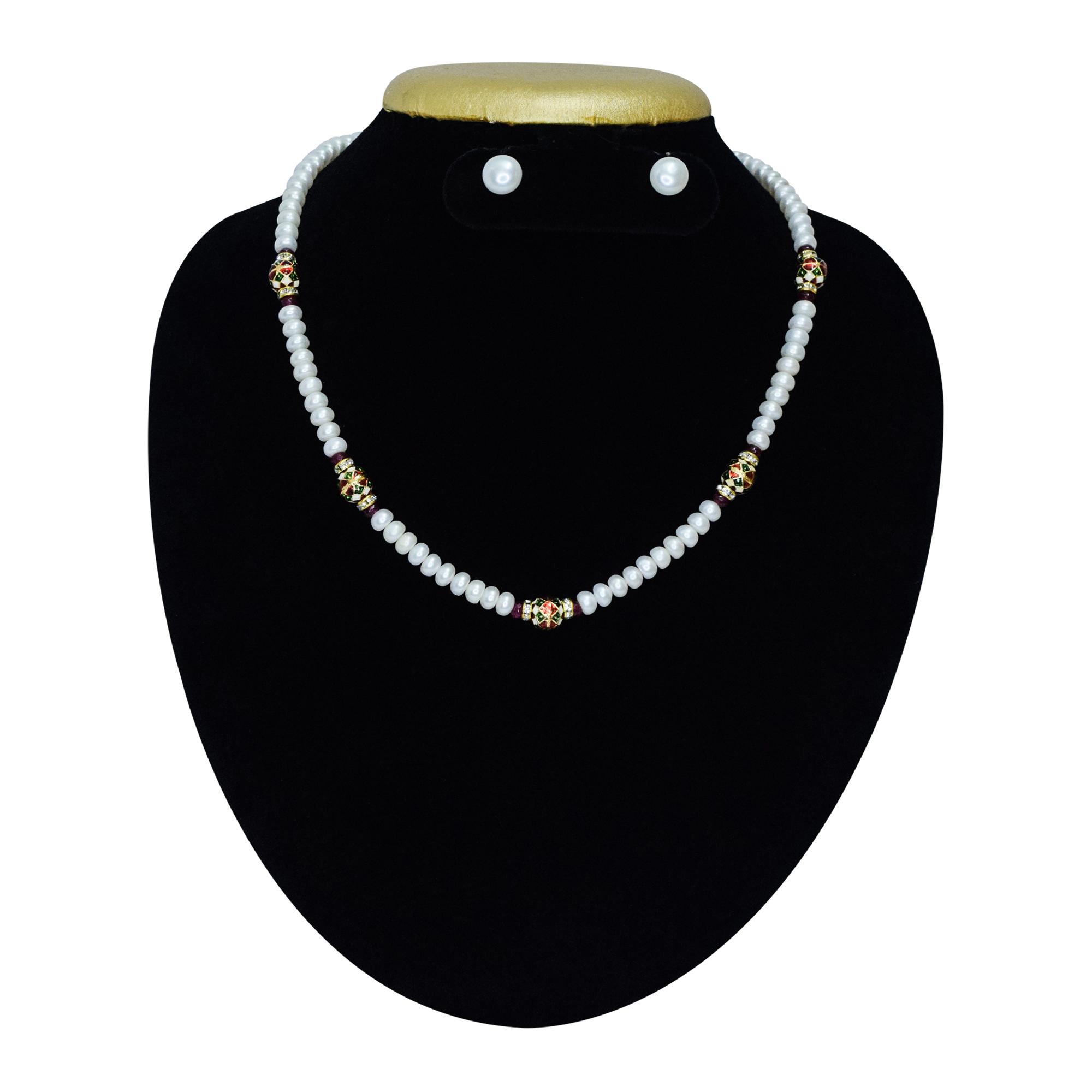 Well-designed single-layer semi-round white pearl necklace with enamelled meenakari beads & CZ ruby crystals