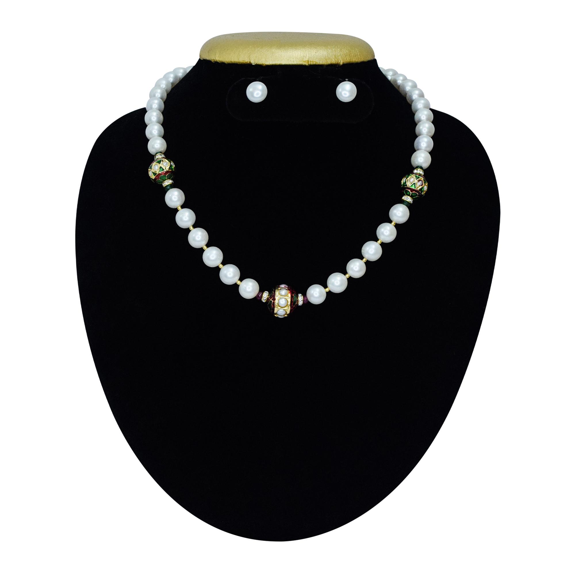 Ravishing Round White Pearl Necklace With Pearl Studded Dholak Beads