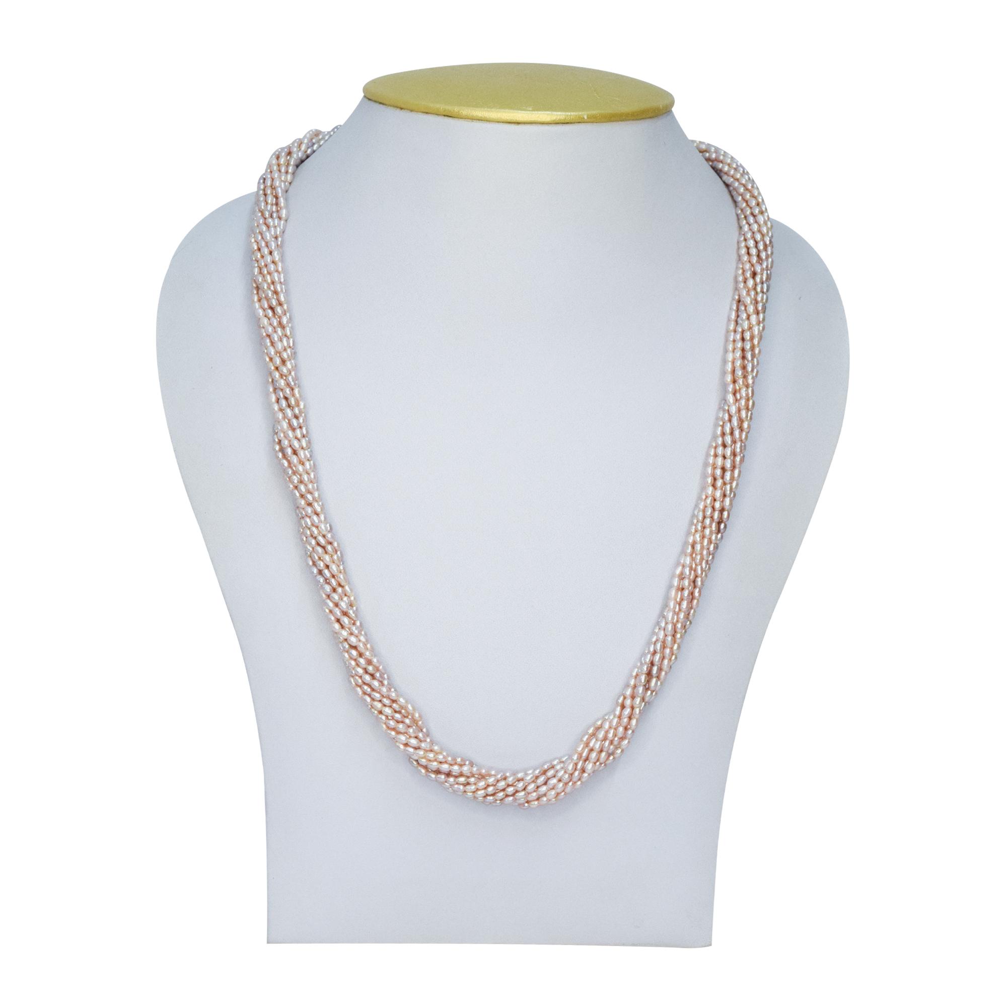 Stunning 15 strands of peach rice pearls finely crafted to a long 20-inch necklace - twisted