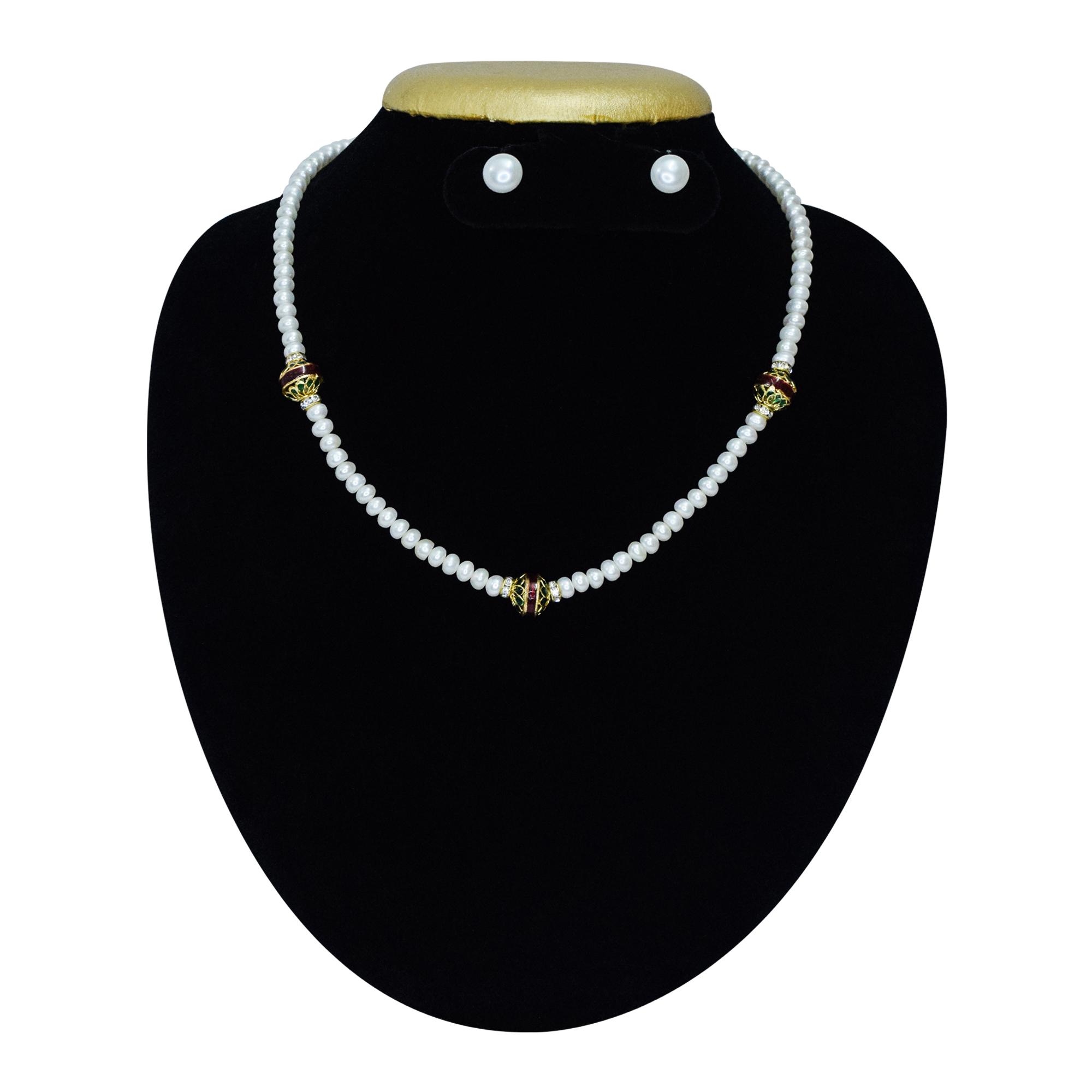 Well-crafted single-layer semi-round white pearl necklace strung with enamelled meenakari beads with gold filigree work & CZ spacers