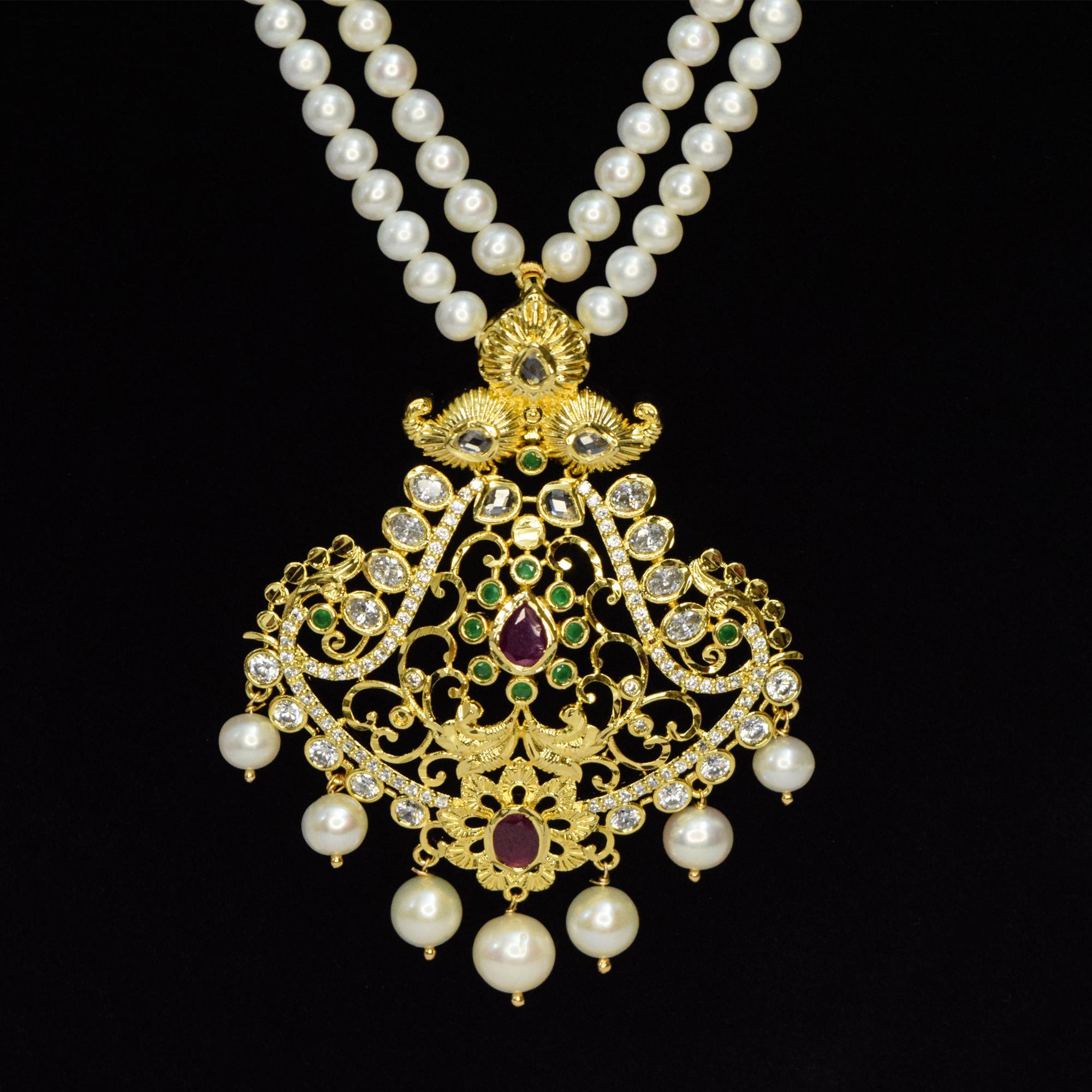 Two-row white round pearls necklace with a splendid golden finish traditional pendant studded with zircons, SP rubies & SP emeralds - Pendant
