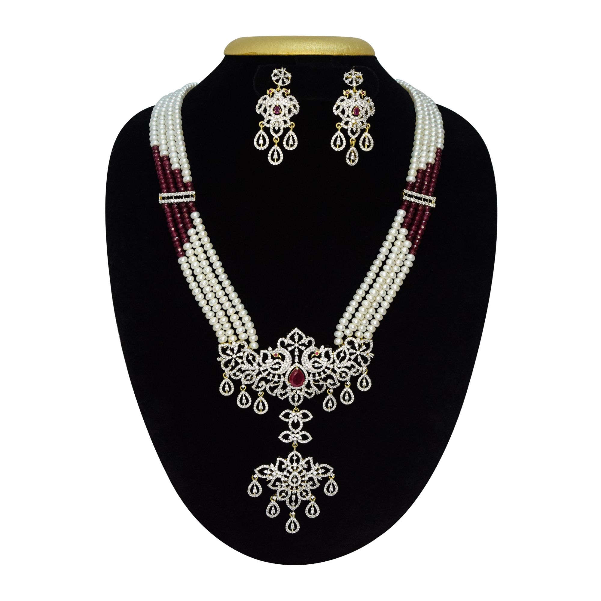 Multi-layer 5mm white semi-round pearl necklace with a majestic zircon studded peacock pendant featuring an SP ruby