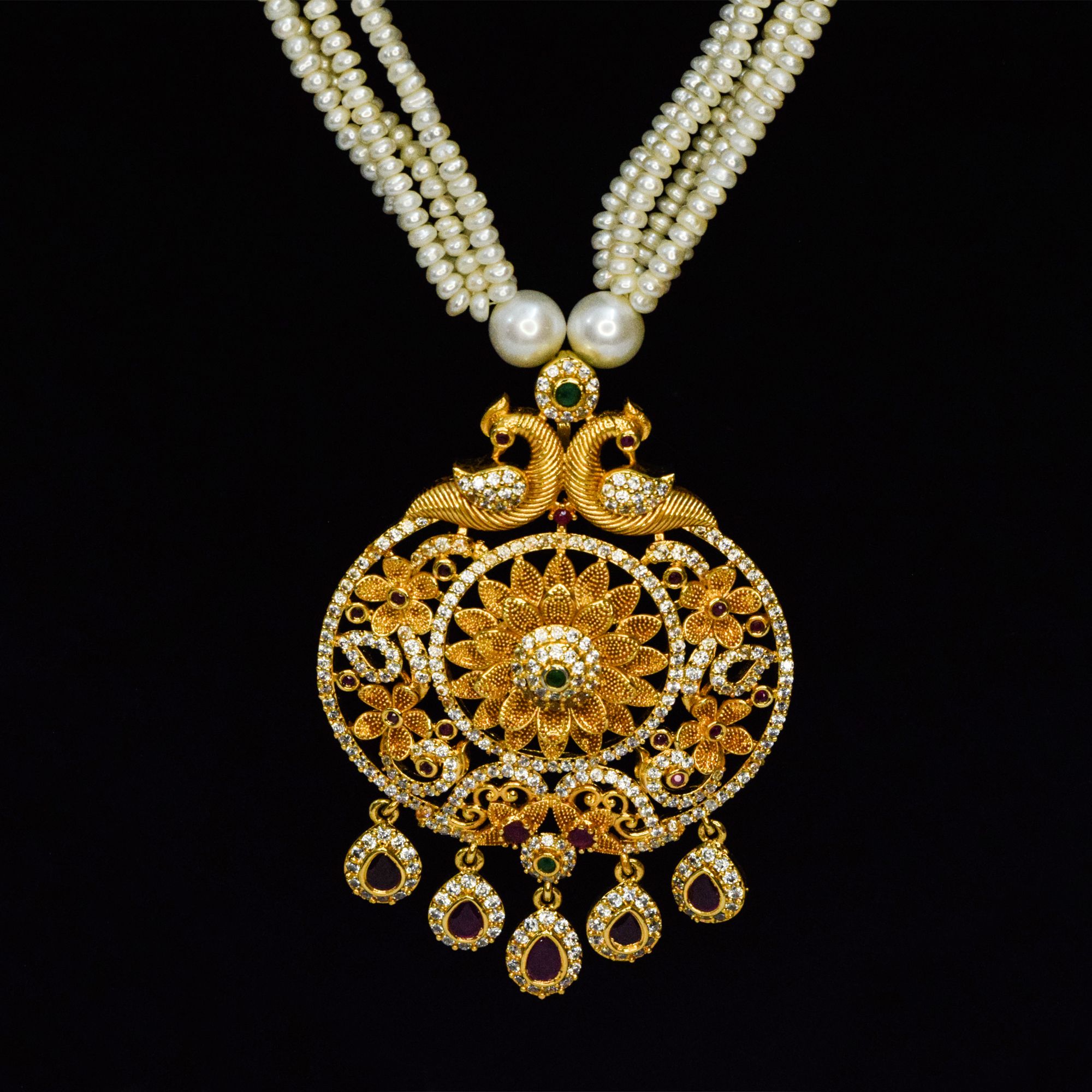 Magnificent Multi-Row White Pearls Mala With Ornate Peacock Pendant - close up