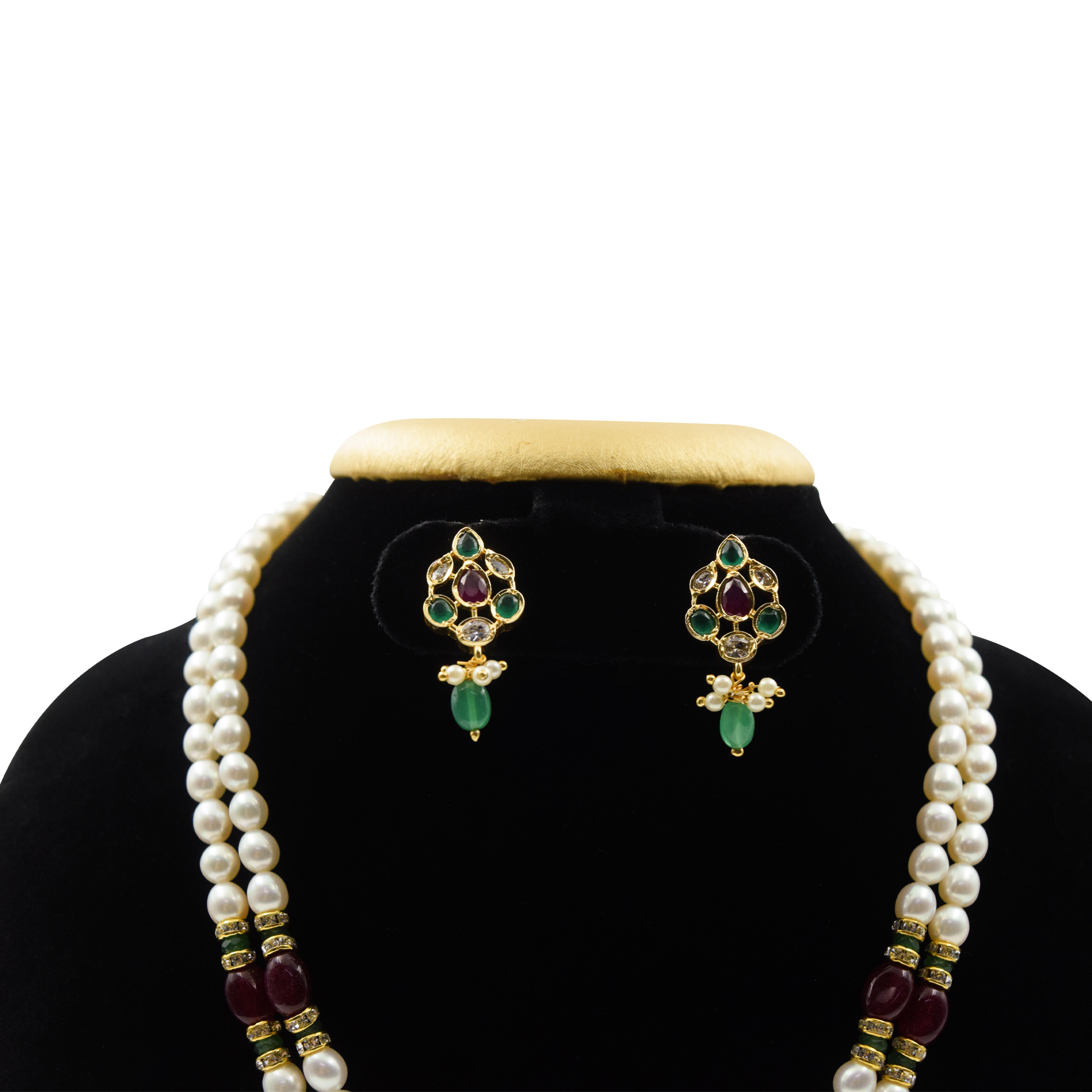 Exemplary 2Row White Oval Pearl Necklace With AD Pendant -earrings