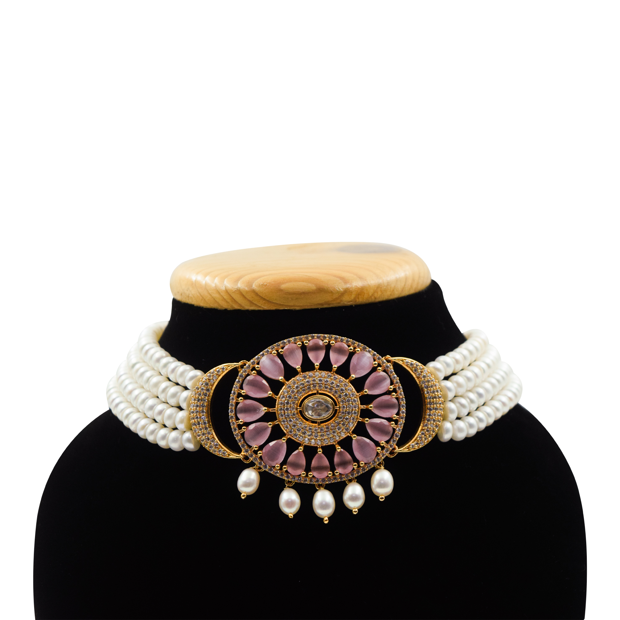 Bold & Beautiful White Pearls Multi-line Choker With Pink Quartz Pendant- close up