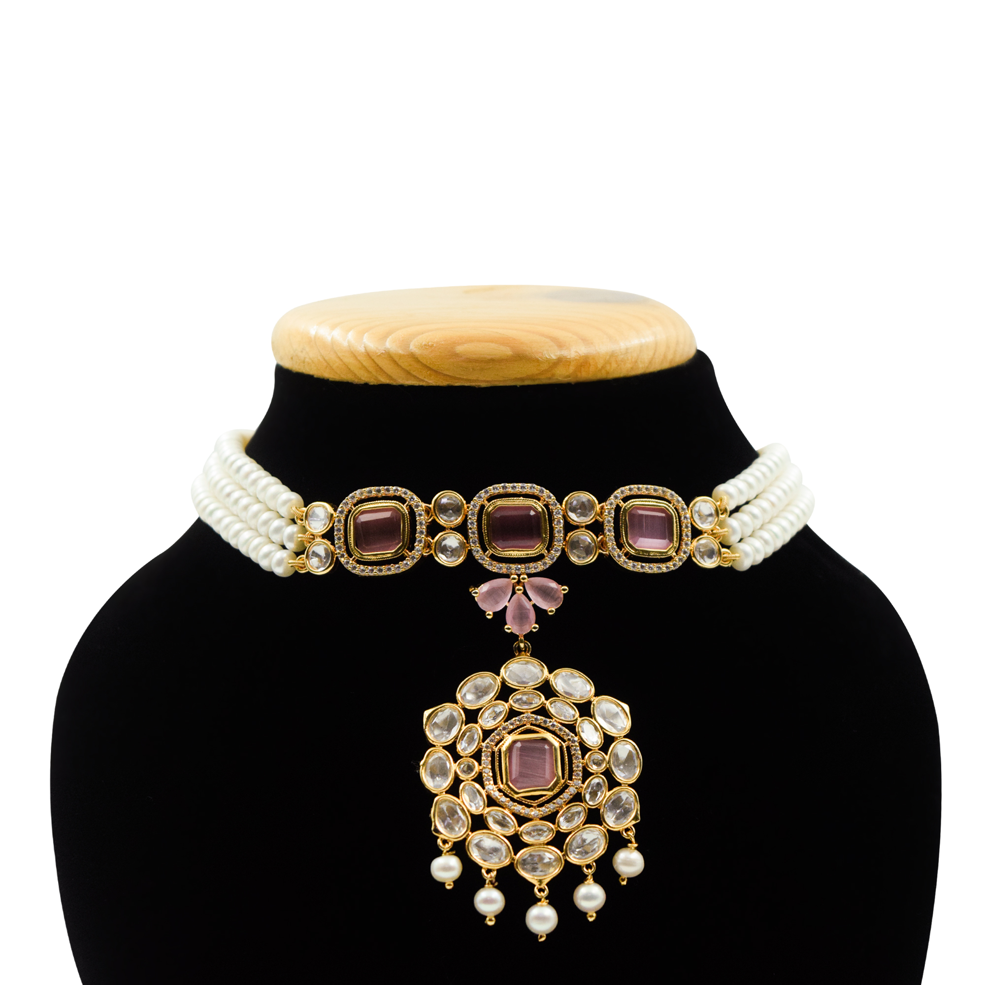 Lovely White Pearls Triple-line Choker With Pink Quartz & Polki Pendant-1