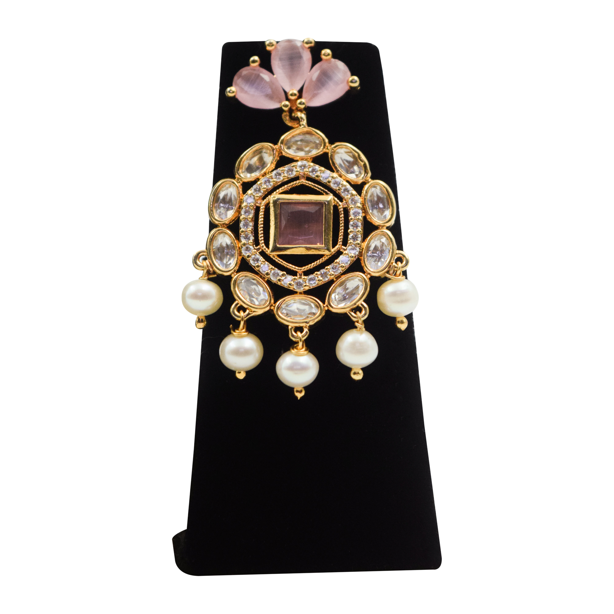 Lovely White Pearls Triple-line Choker With Pink Quartz & Polki Pendant-2