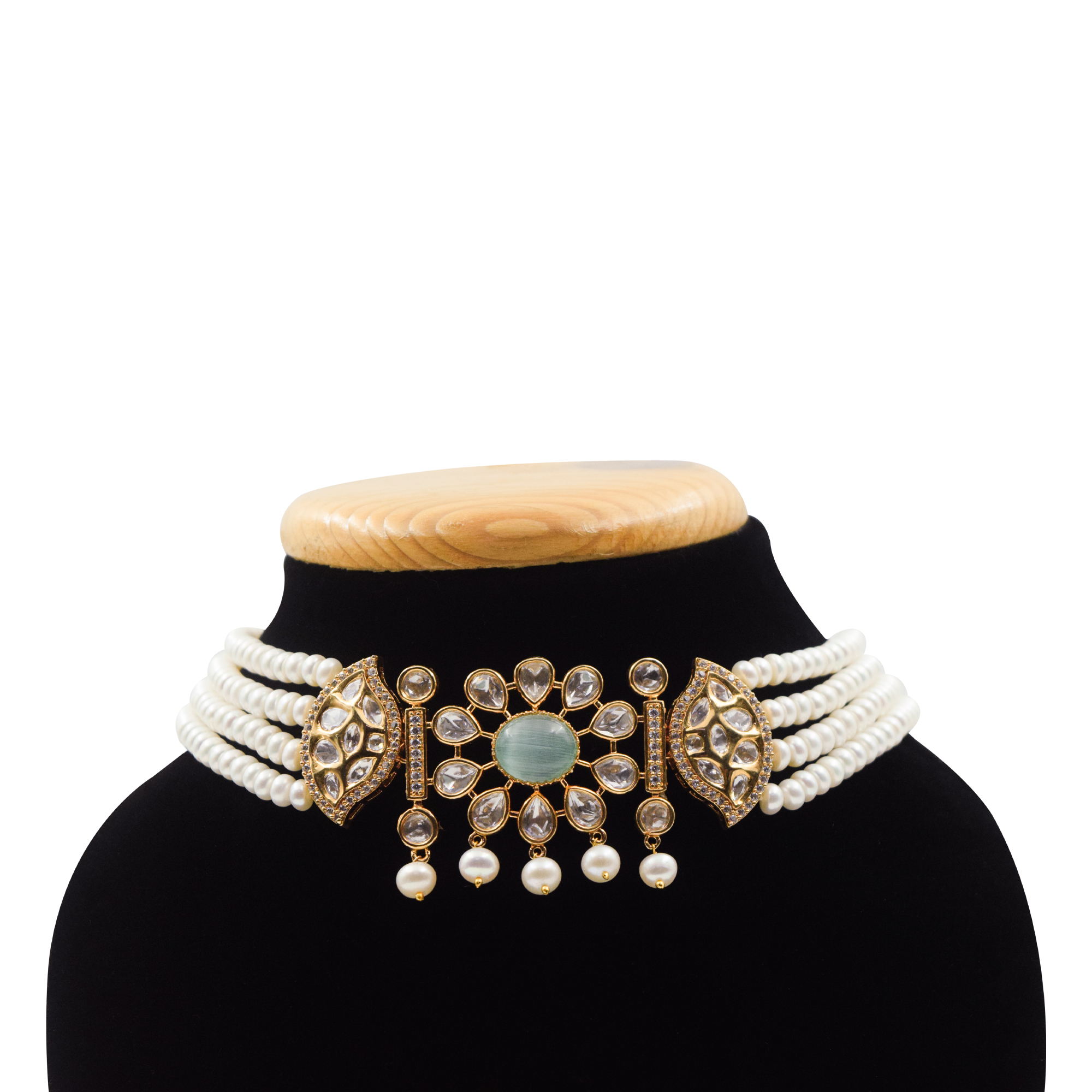 Subtle & Elegant White Pearls Multi-line Choker With Green Onyx Pendant - close up