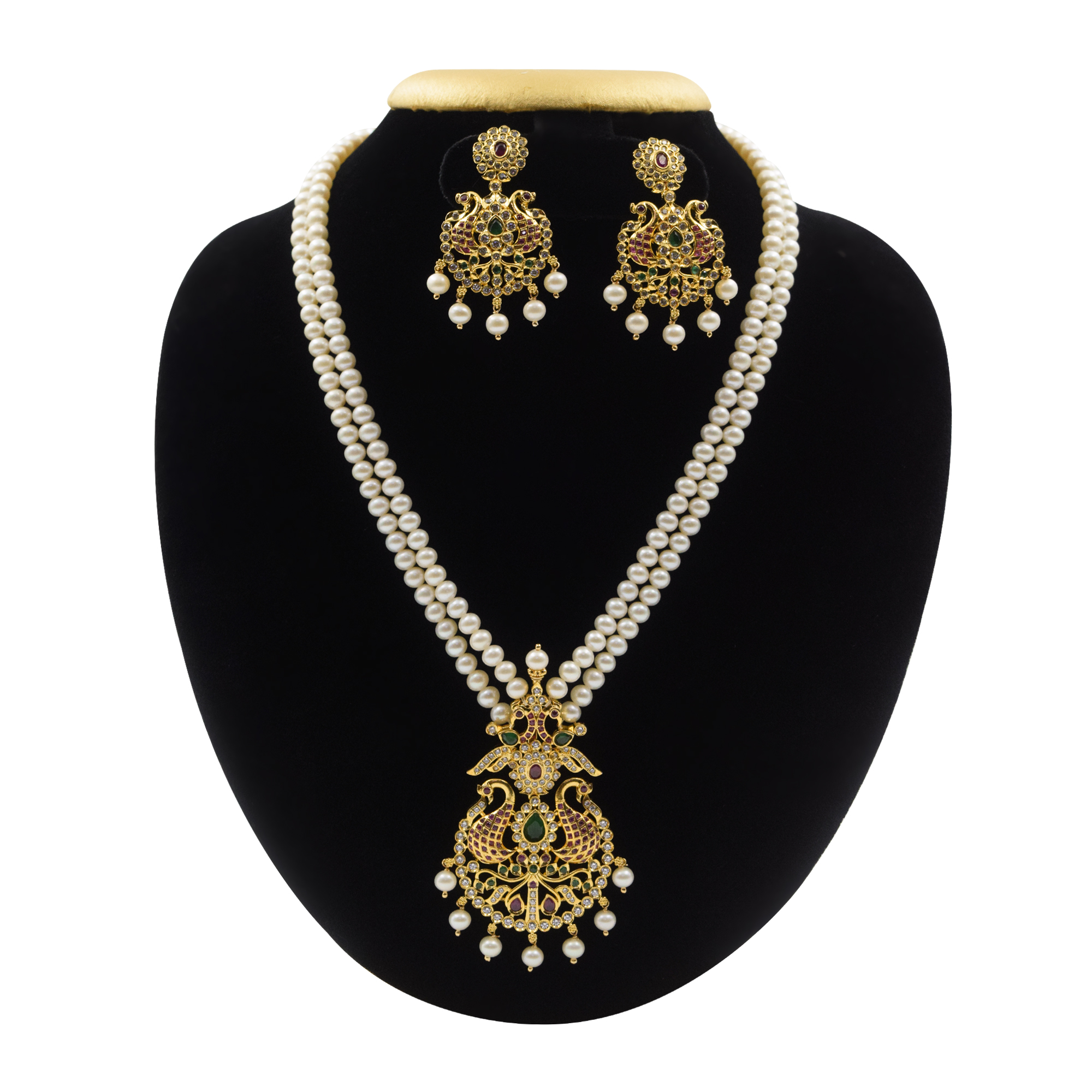 Ethereal White Round Pearl Necklace With Peacock Pendant