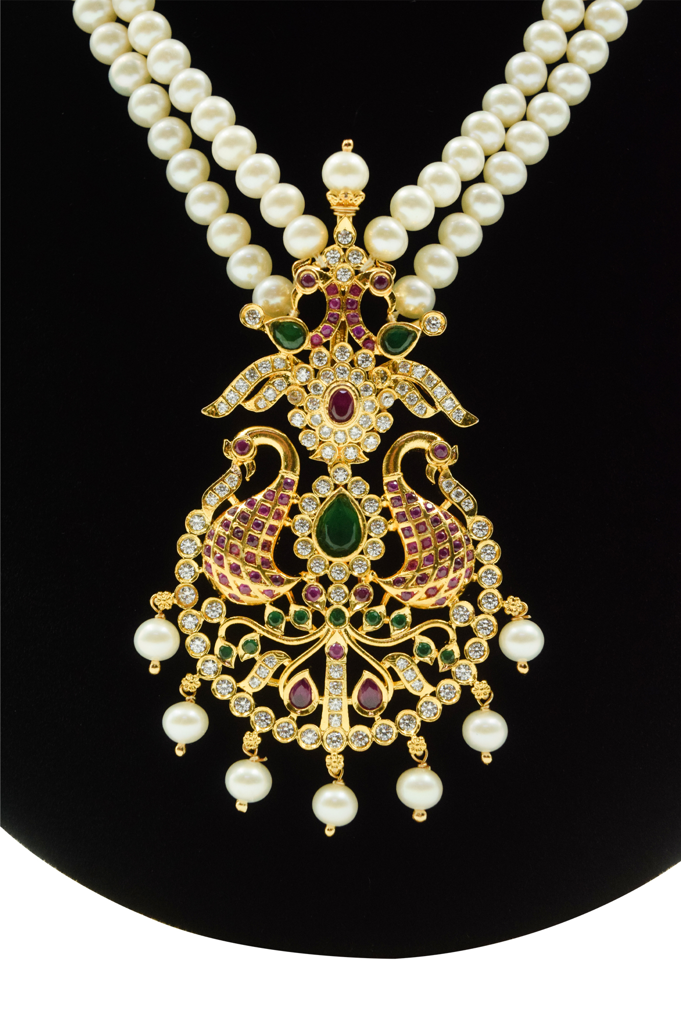 Ethereal White Round Pearl Necklace With Peacock Pendant - close up