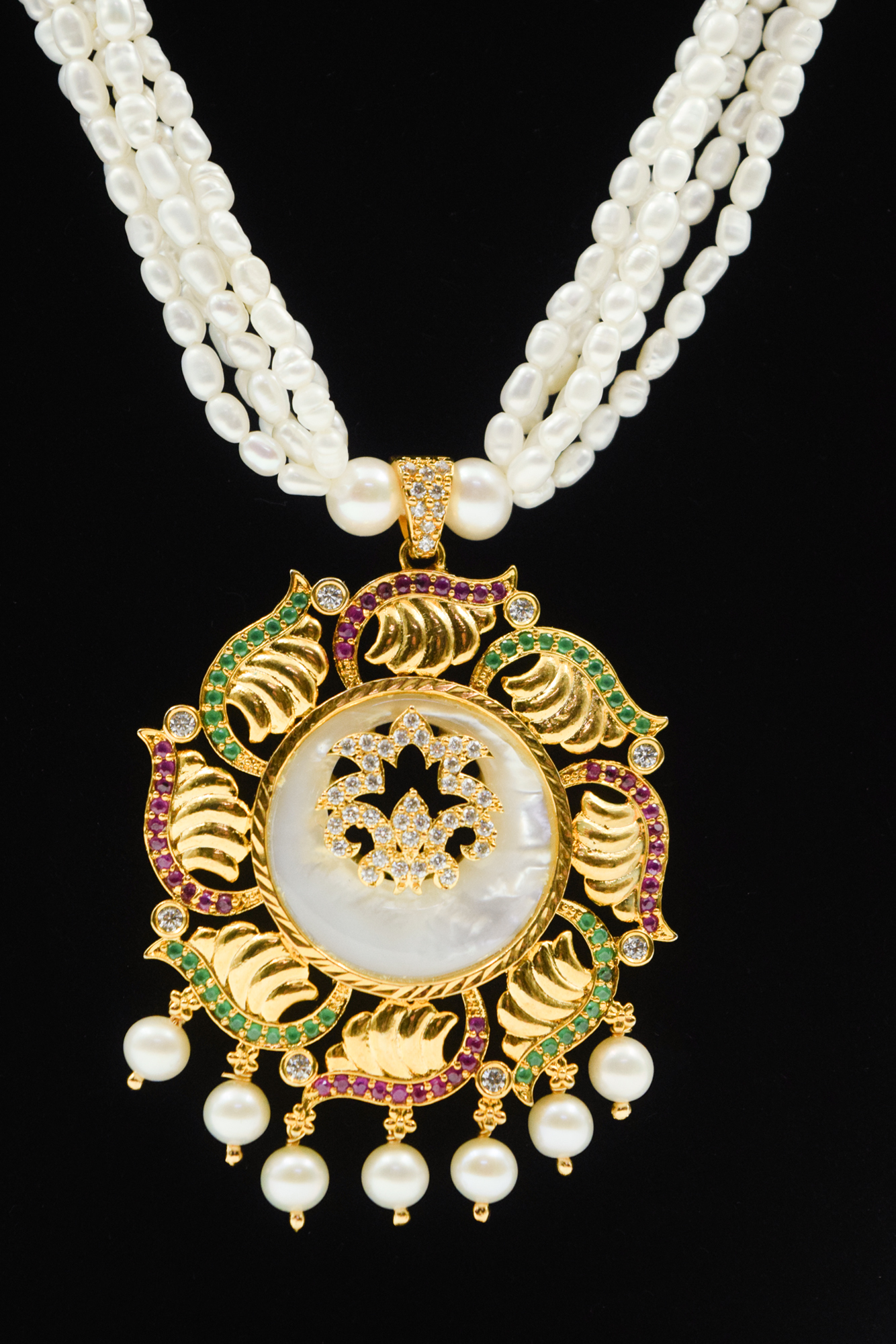 Glorious White Rice Pearl Necklace With MOP Statement Pendant - close up