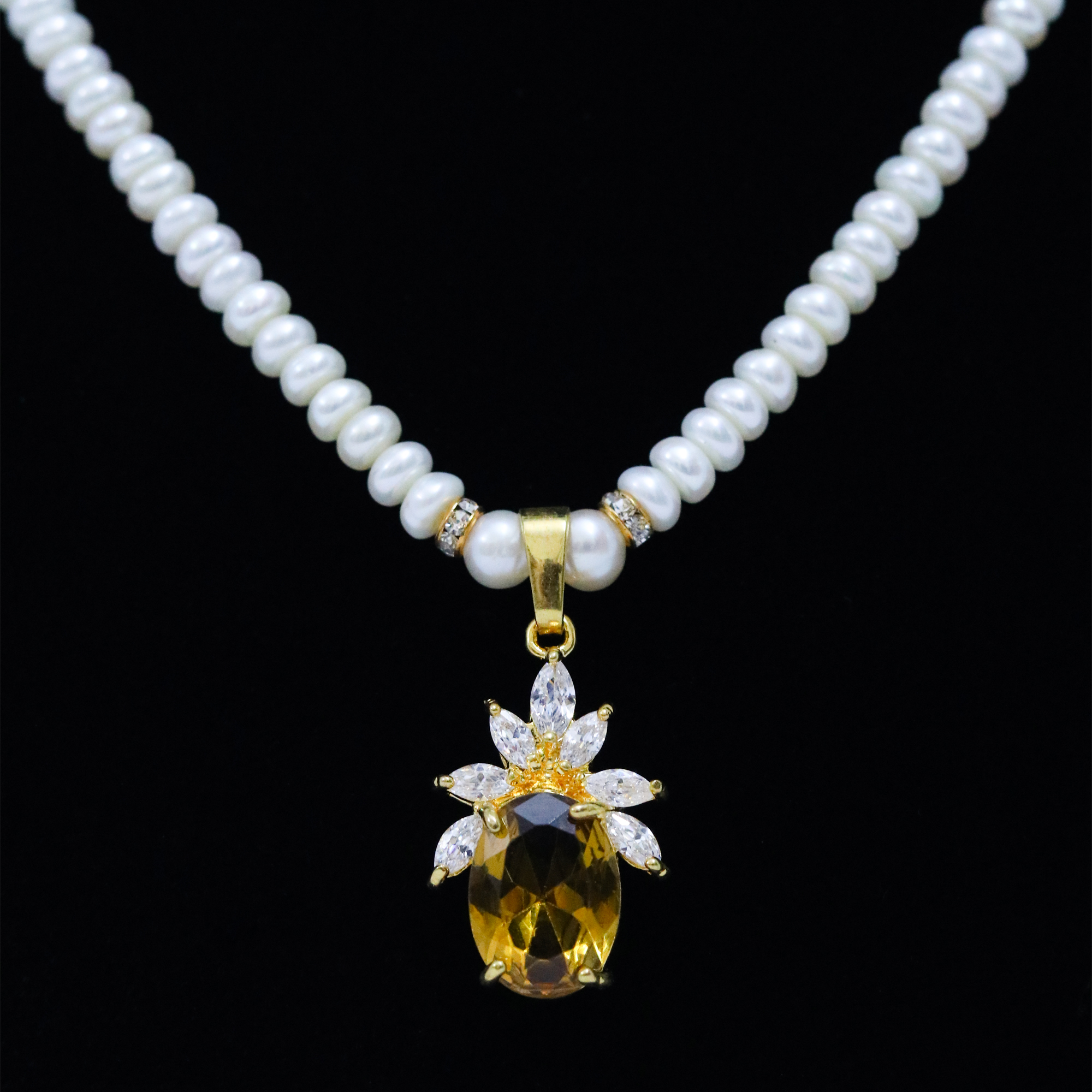 Stellar White Pearl Necklace With Zircons & SP Yellow Sapphire Pendant - close up