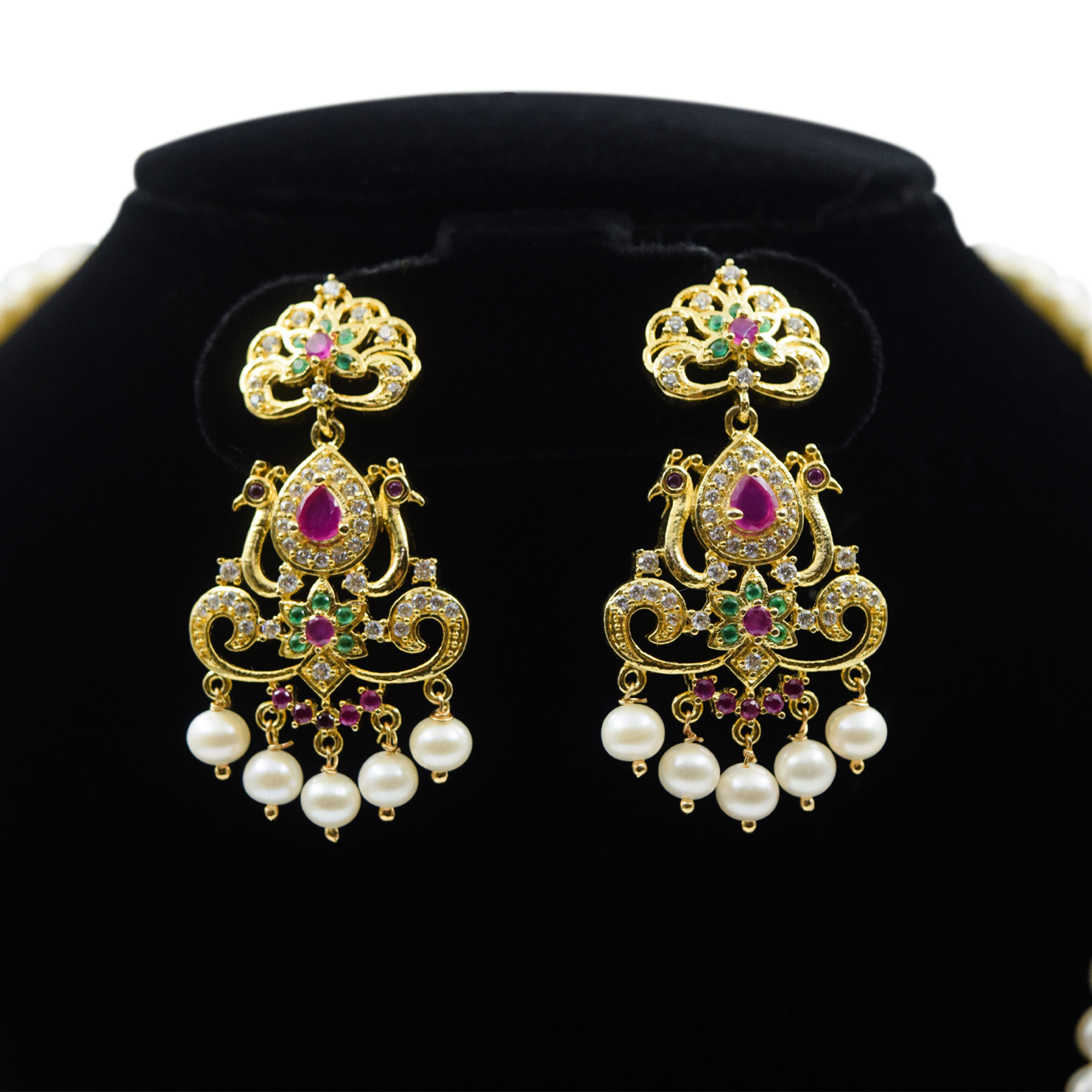 Glorious Triple Row White Pearl Haar With Traditional Pendant -earrings