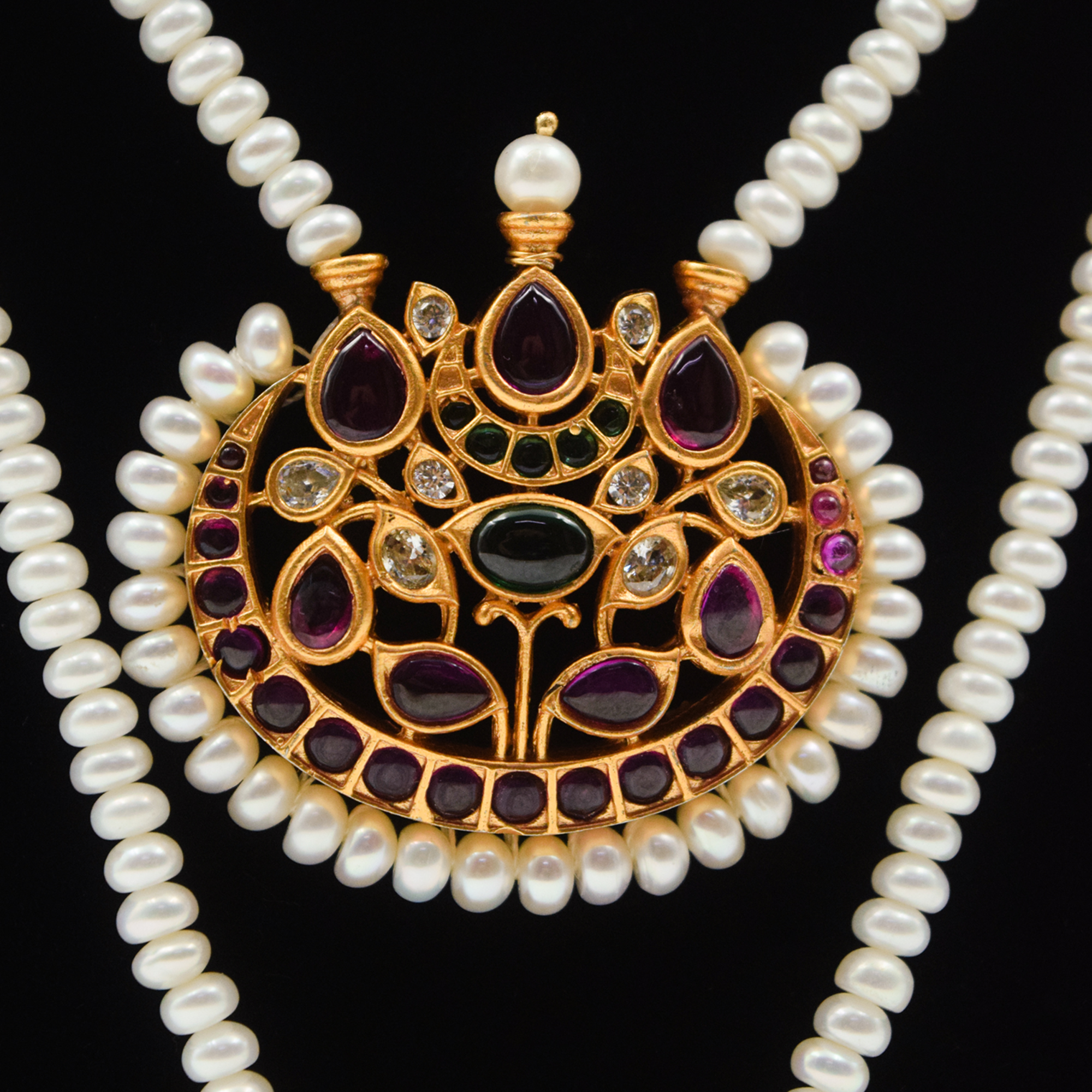 Magnificent 2 Layer White Pearl Long Necklace With Kemp Pendants -1