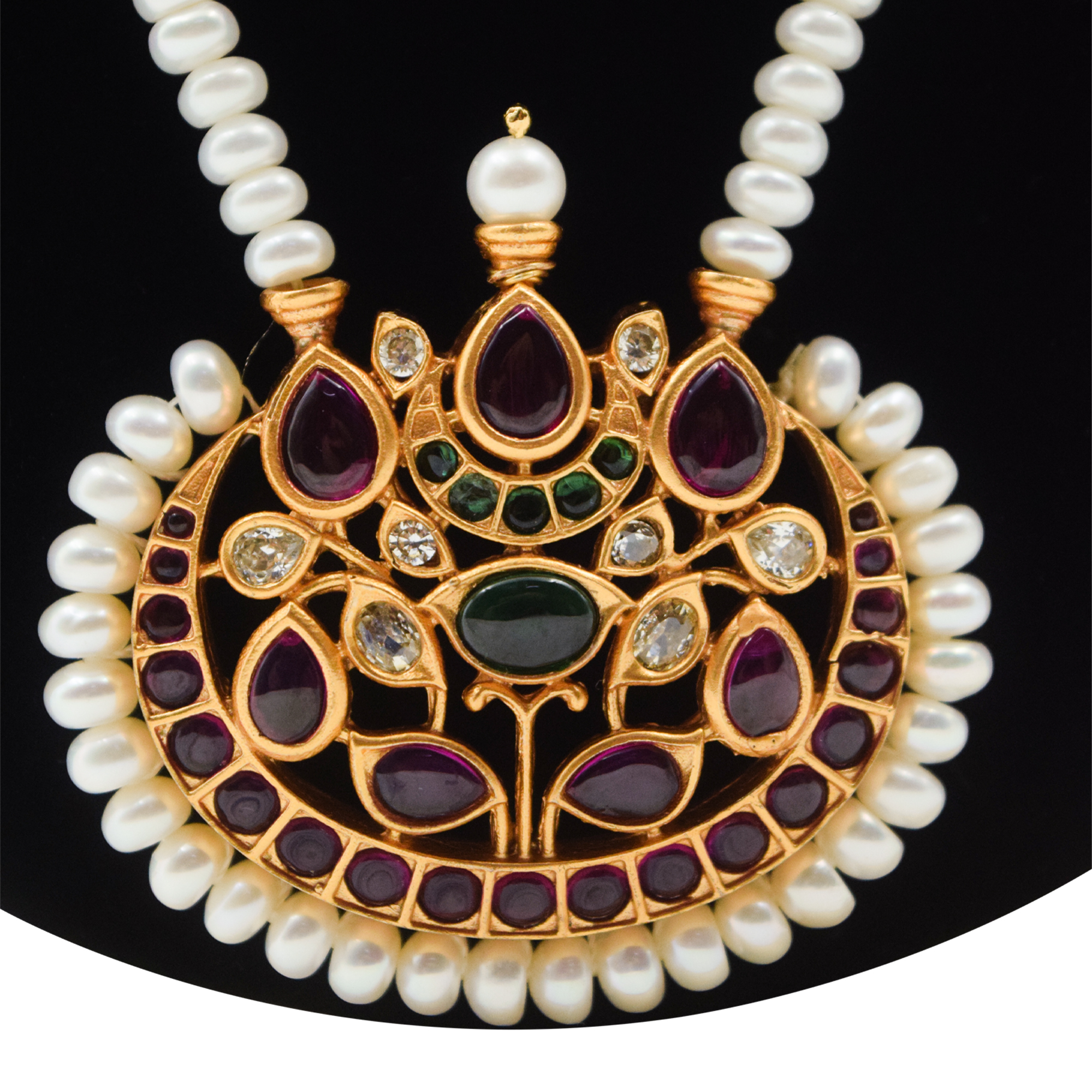 Magnificent 2 Layer White Pearl Long Necklace With Kemp Pendants -2