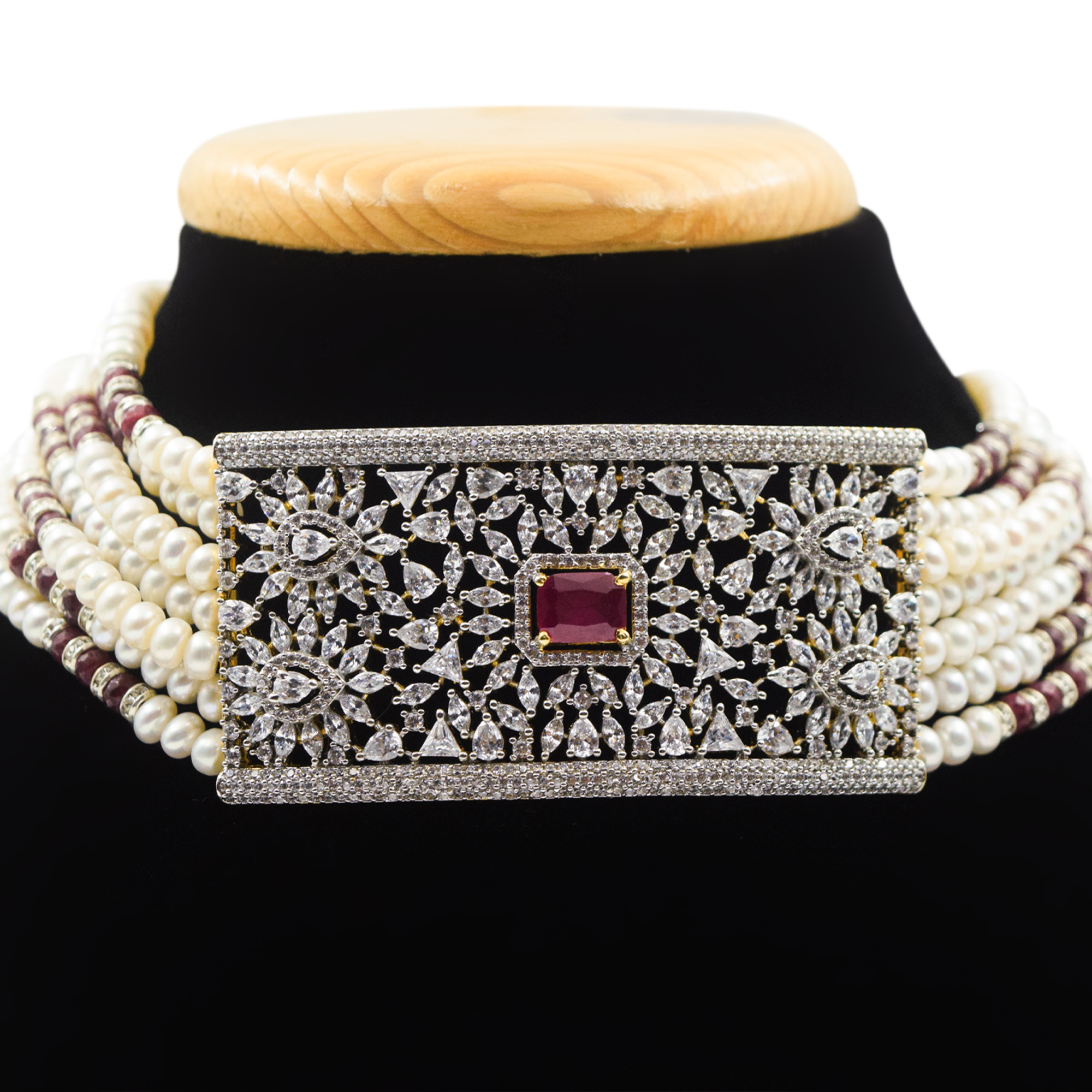 Stellar Multi-Strand White Pearls Choker With Grand CZ & SP Ruby Pendant - close up