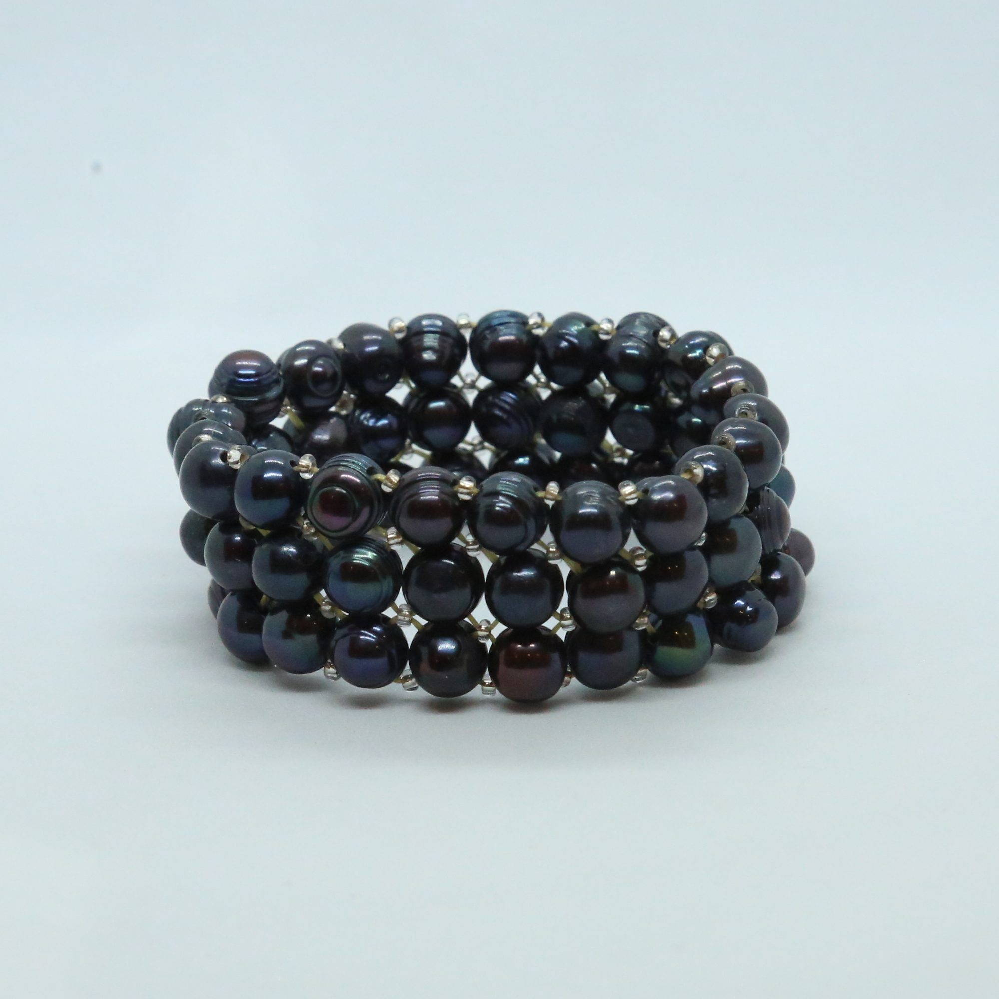 Stretchable 3Line Blue Potato Pearls Bracelet-1