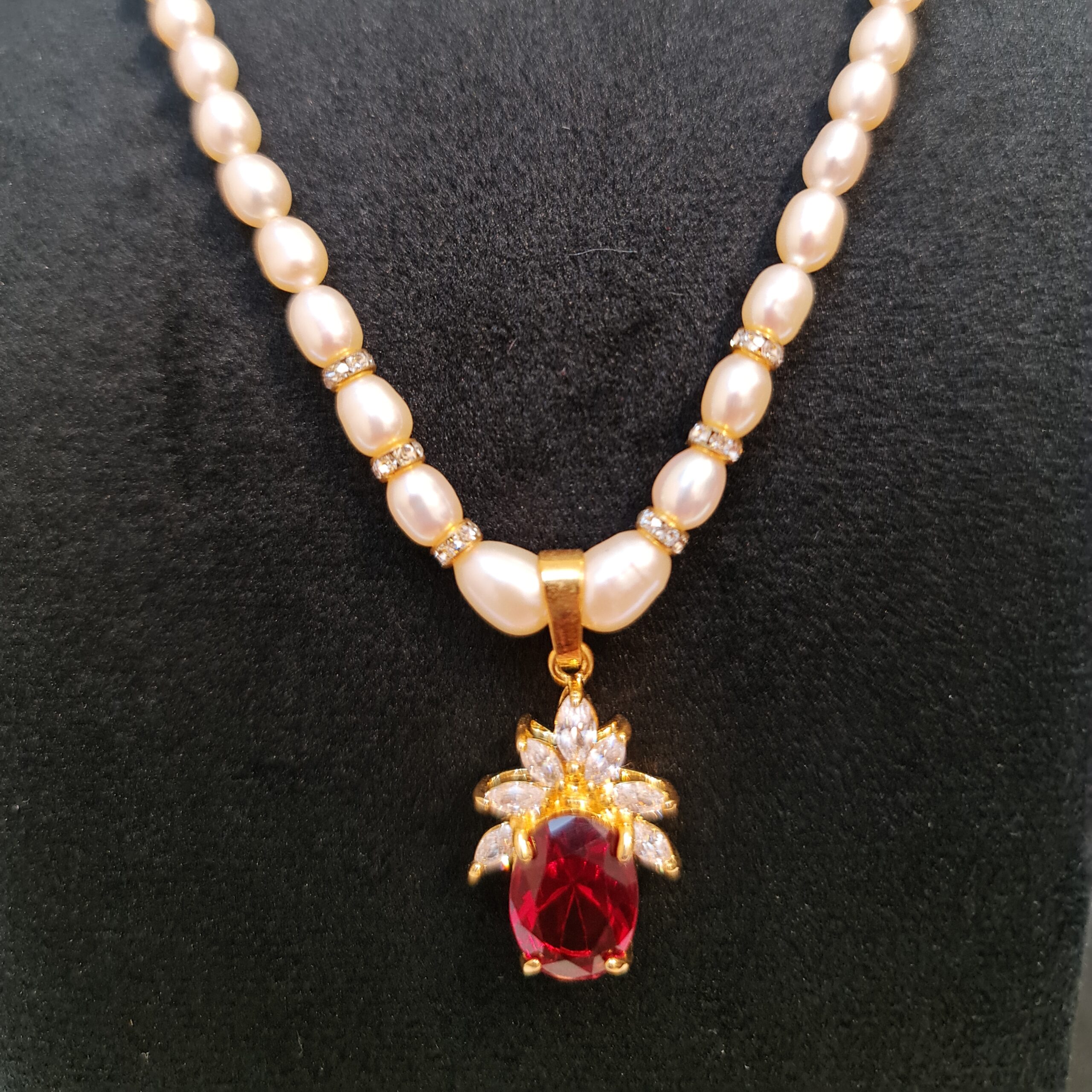 Radiant Peach Oval Pearl Necklace With A Bright SP Ruby & CZ Pendant-1