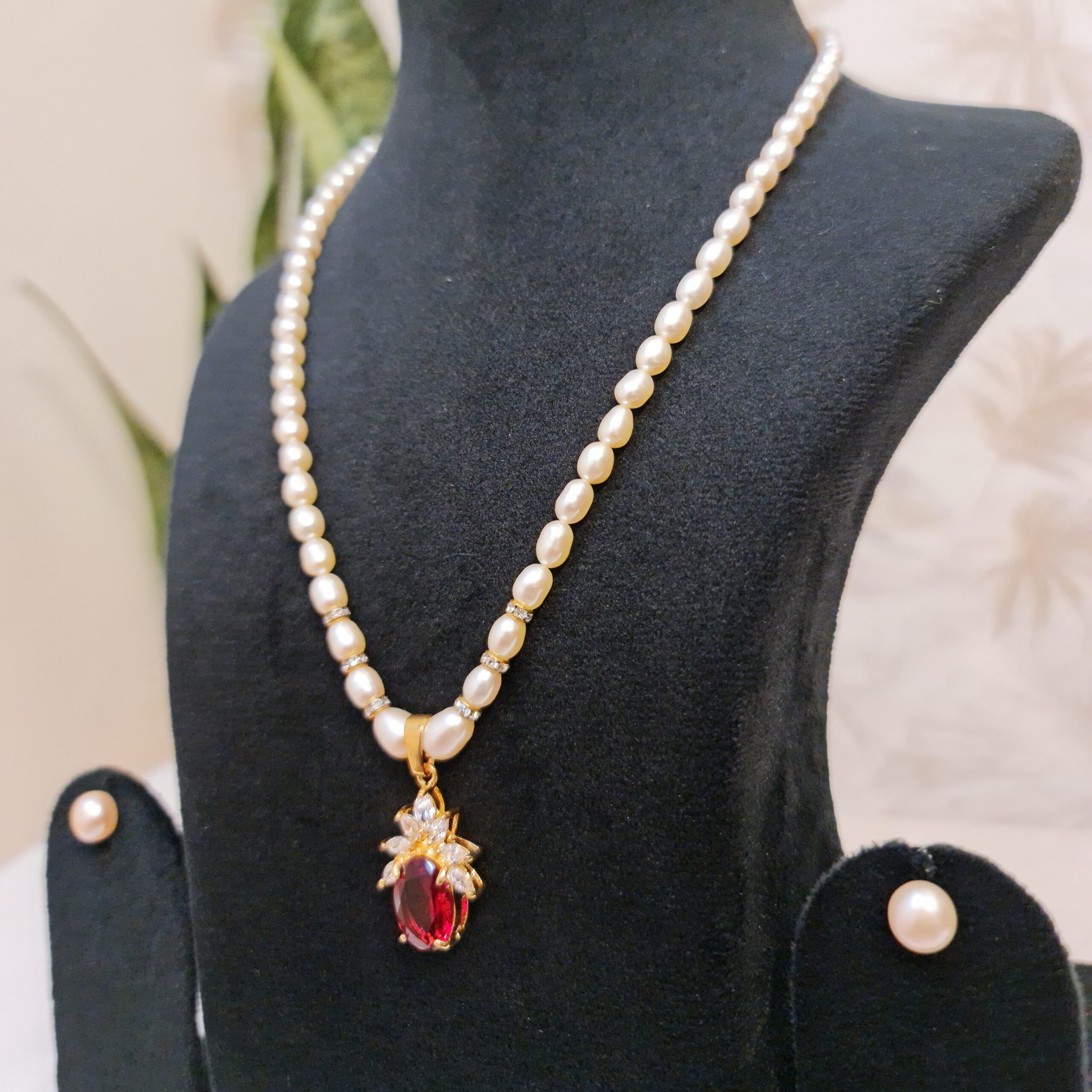 Radiant Peach Oval Pearl Necklace With A Bright SP Ruby & CZ Pendant