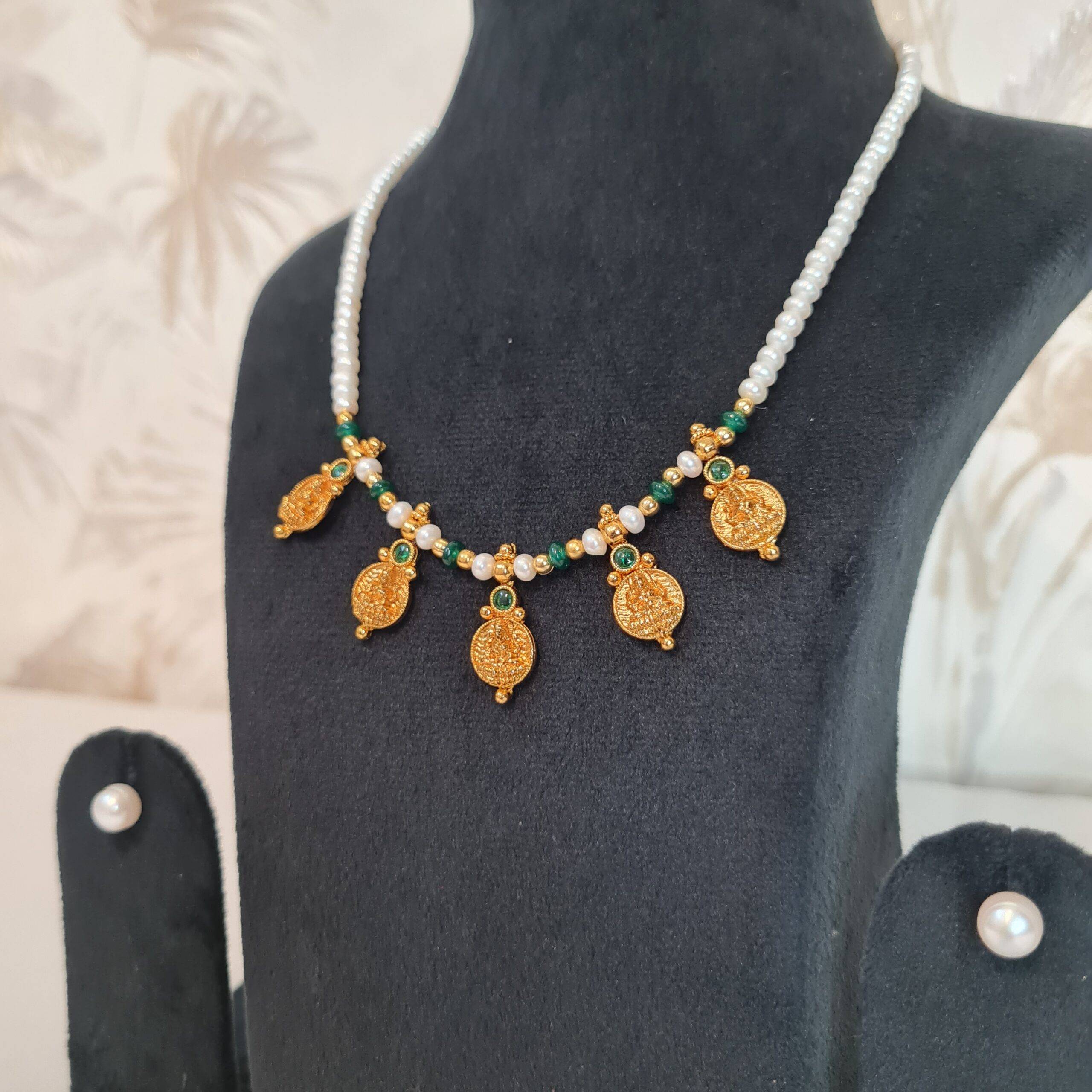 Elegant Semi-Round White Pearls Necklace With Lakshmi Kaasu & SP Emerald Beads-2