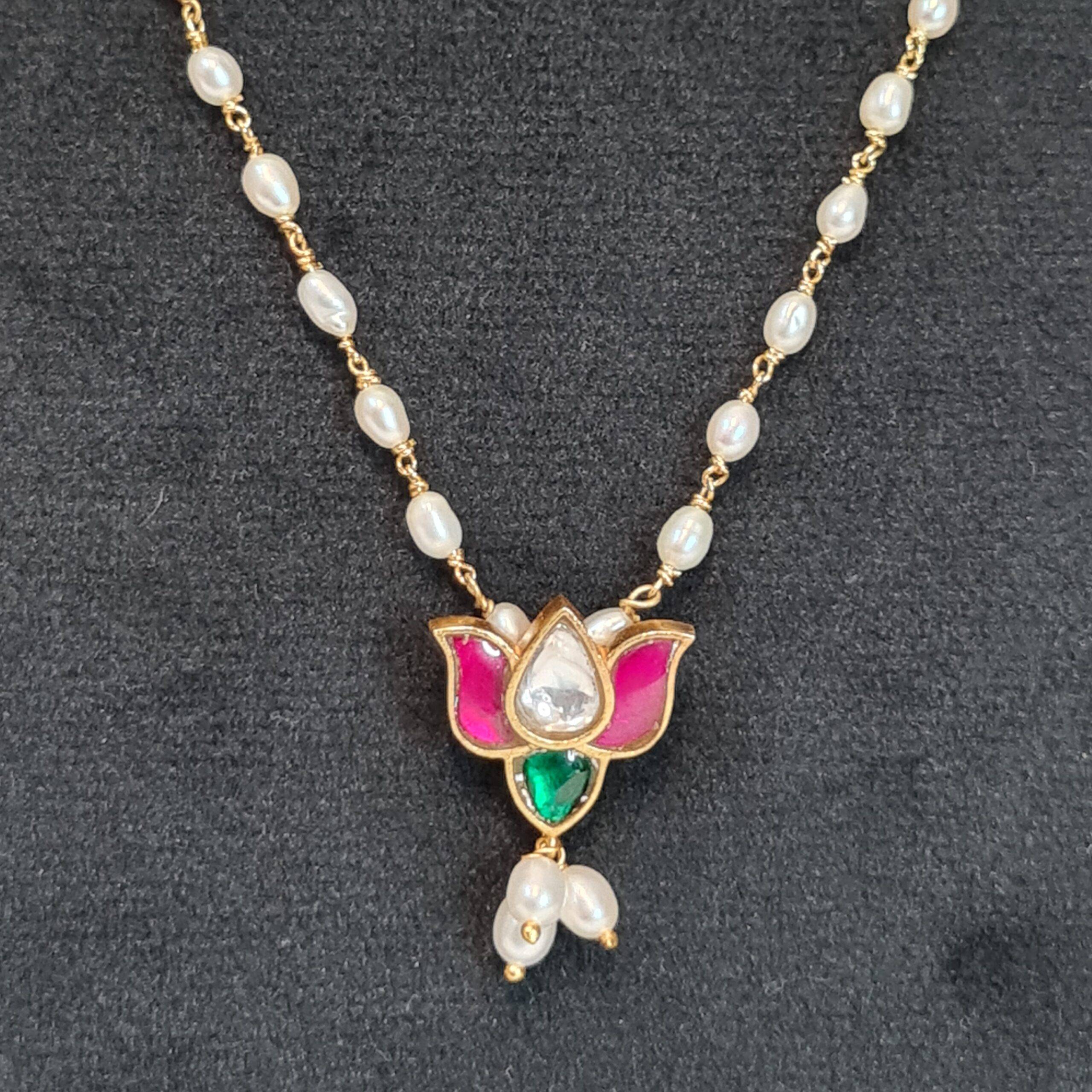 Simple 19Inch Necklace With 3mm White Oval Pearls & Kemp Lotus Pendant-1