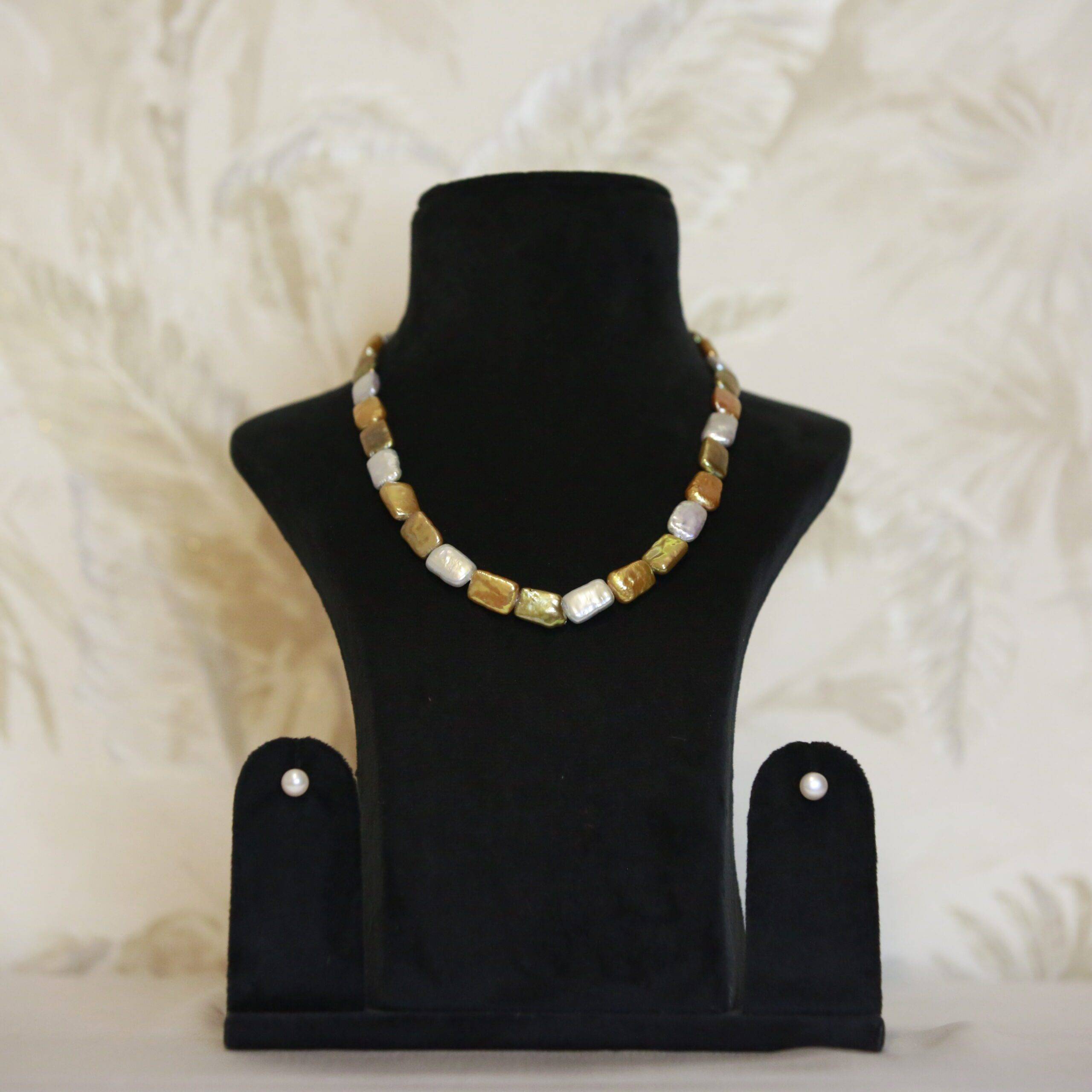 Lustrous Silver, Gold & Green Flat Baroque Pearl 17Inch Necklace-1