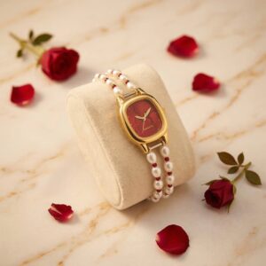 Elegant 2Line 5mm White Oval Pearls Watch With Sonata Dial