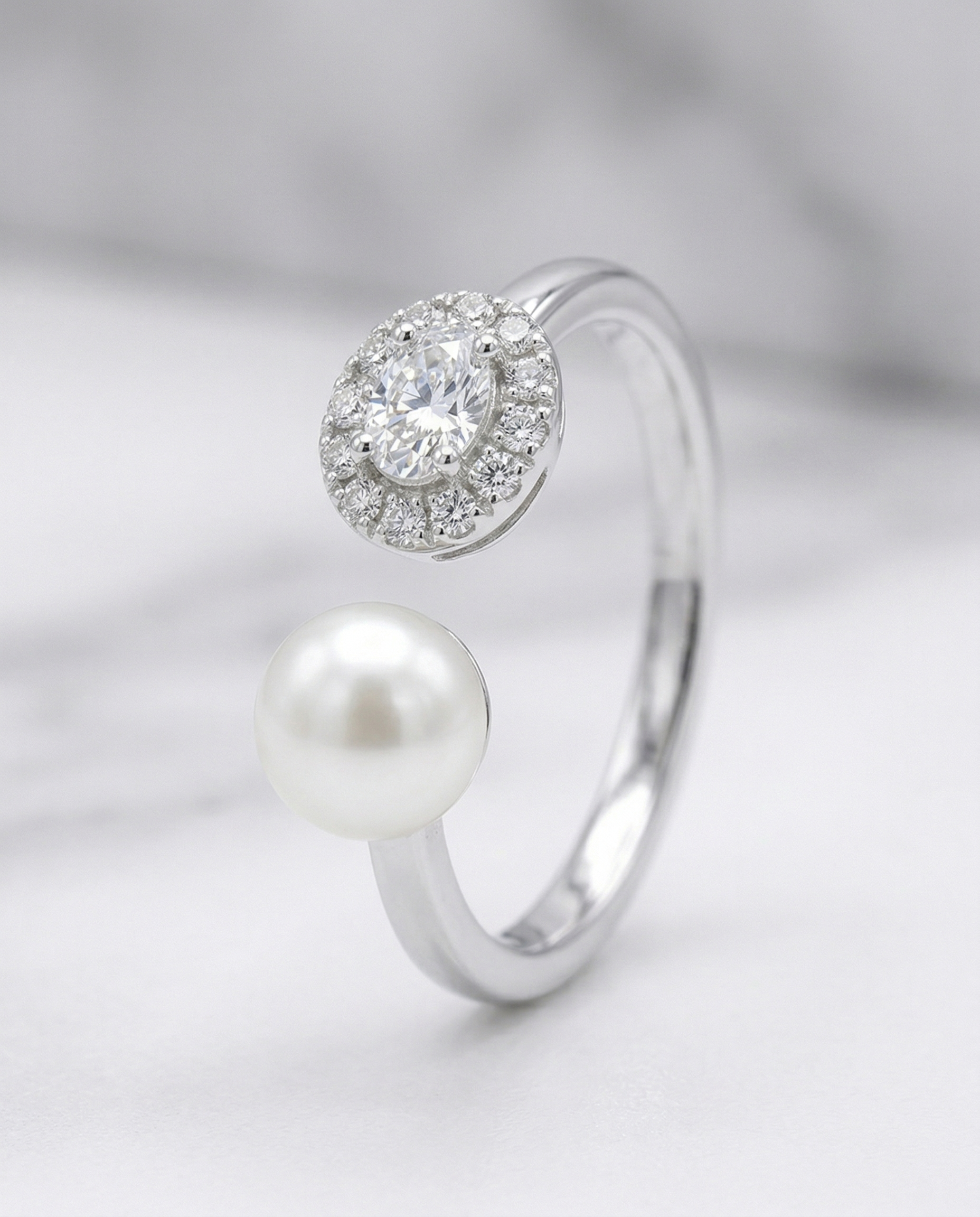 The Orbit Ring - Pearl and CZ Halo Open Ring