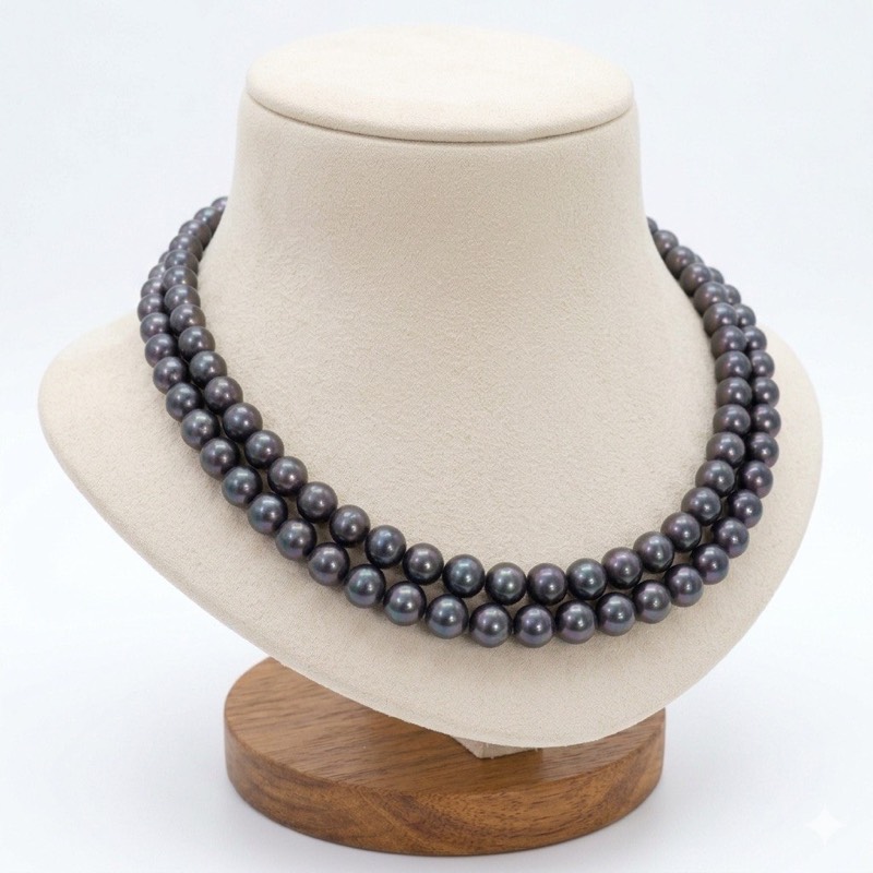 Impressive Blackish Green 8.5mm Round Pearls 18Inch 2Row Necklace - Image 2