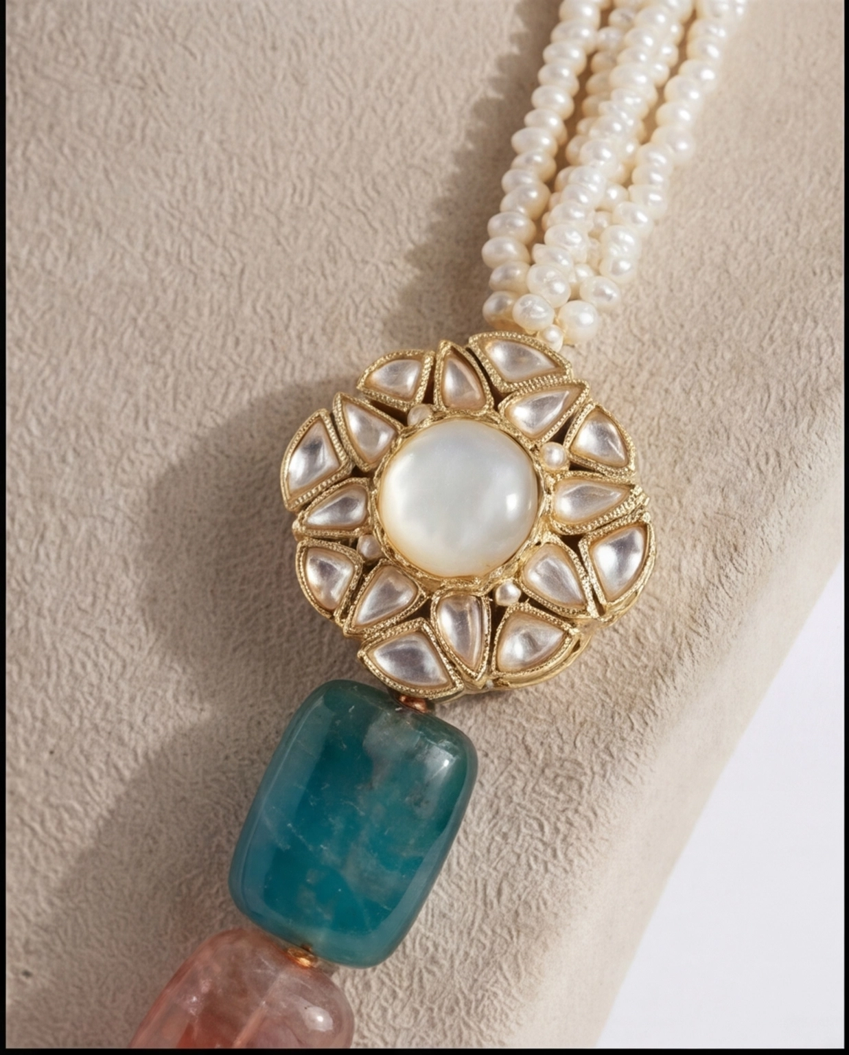 Baroque Pearl Necklace With Polki Pendant - View 2